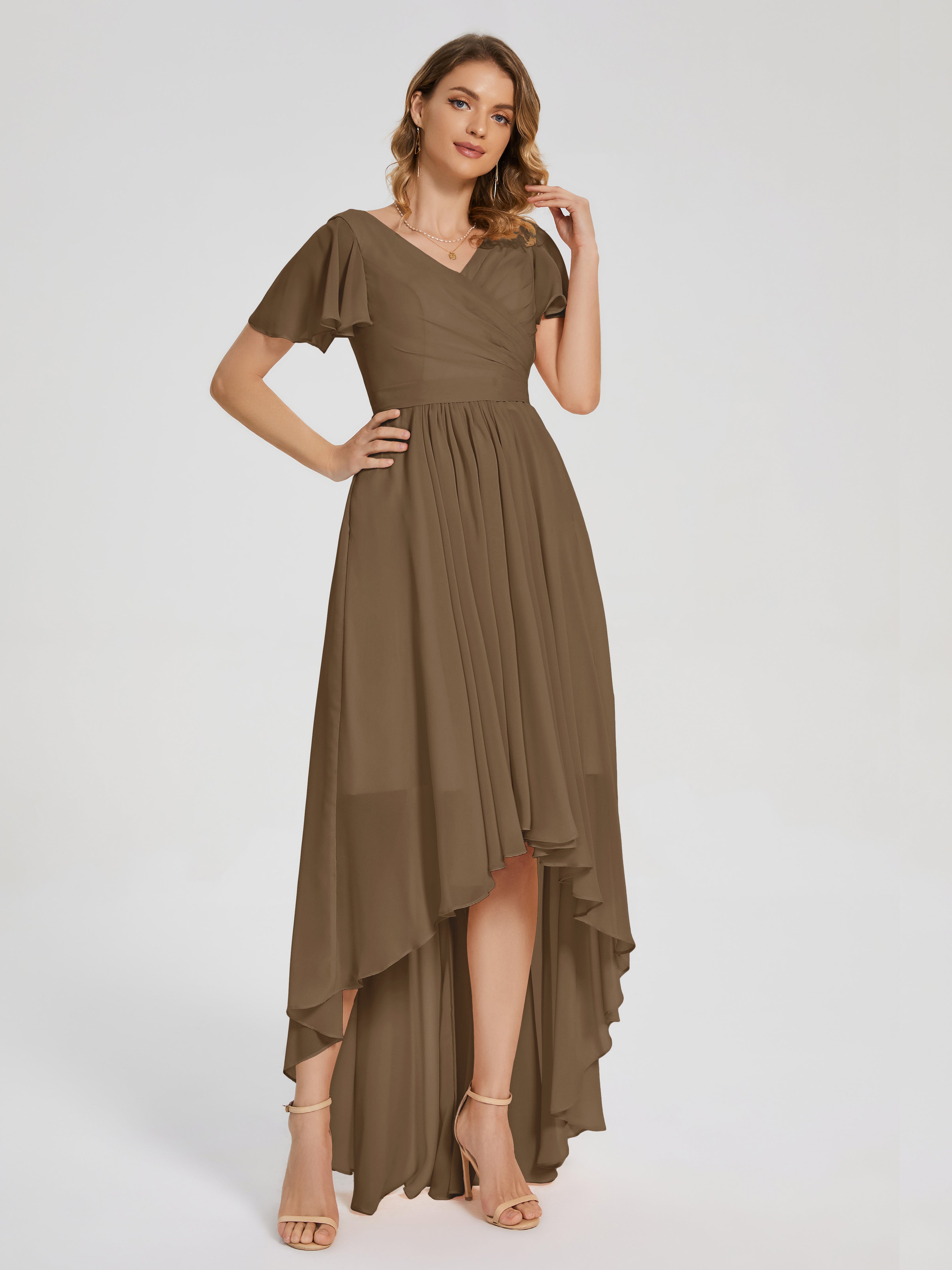 Evangeline High Low Short Sleeves Chiffon Bridesmaid Dress