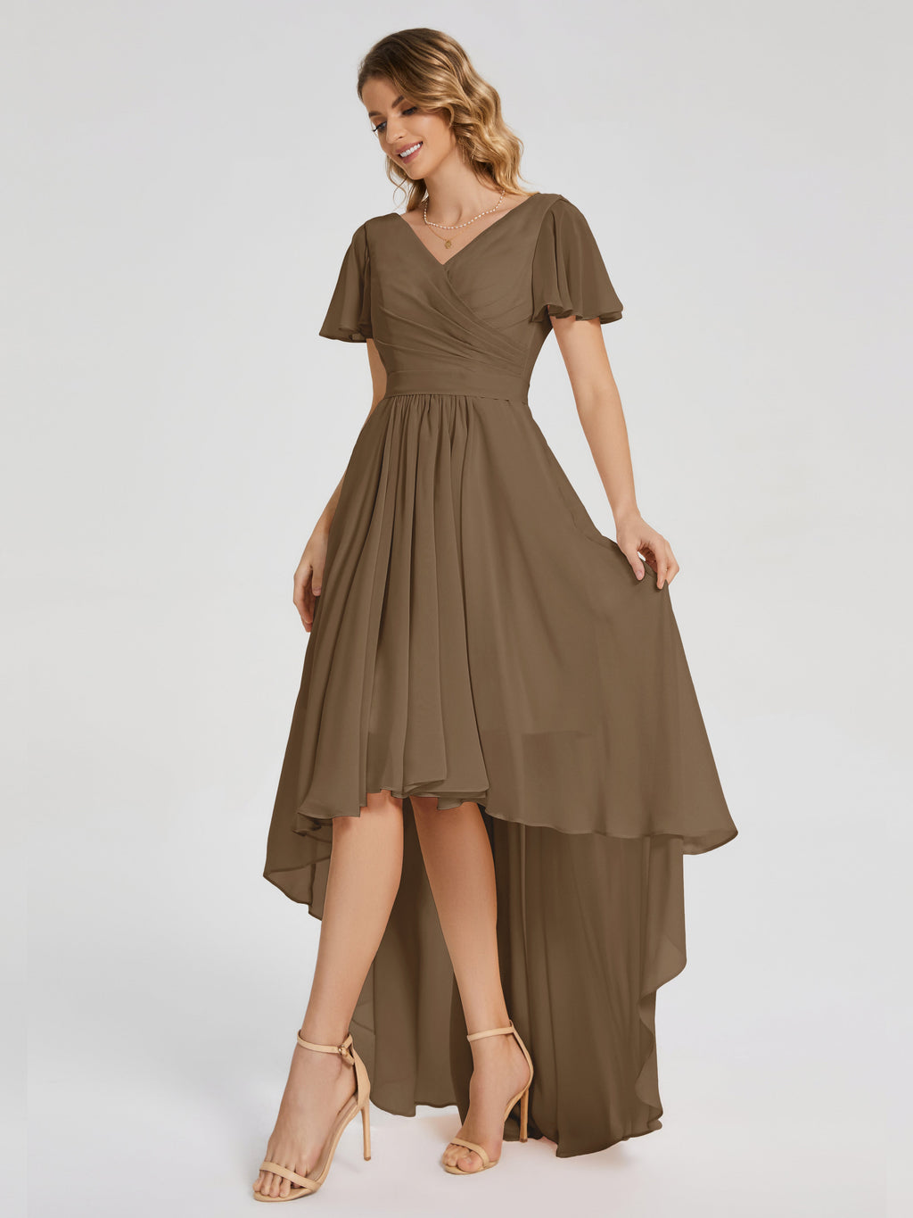 Evangeline High Low Short Sleeves Chiffon Bridesmaid Dress