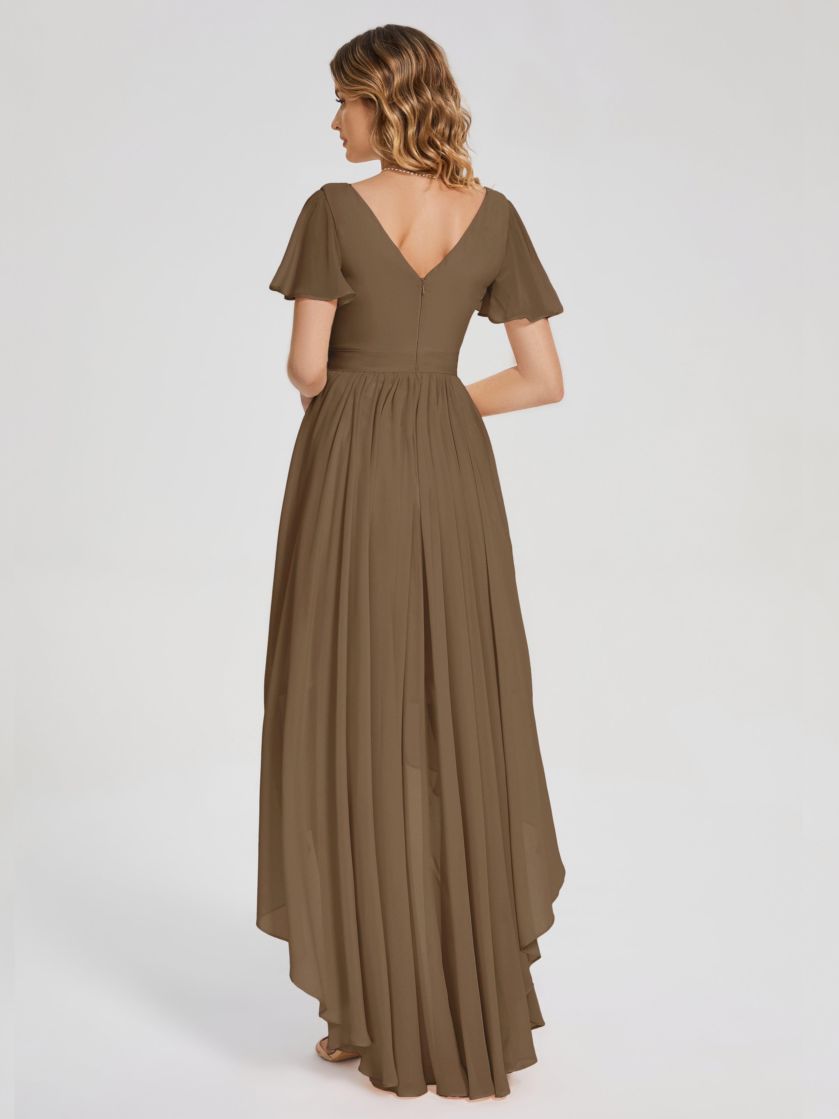 Evangeline High Low Short Sleeves Chiffon Bridesmaid Dress