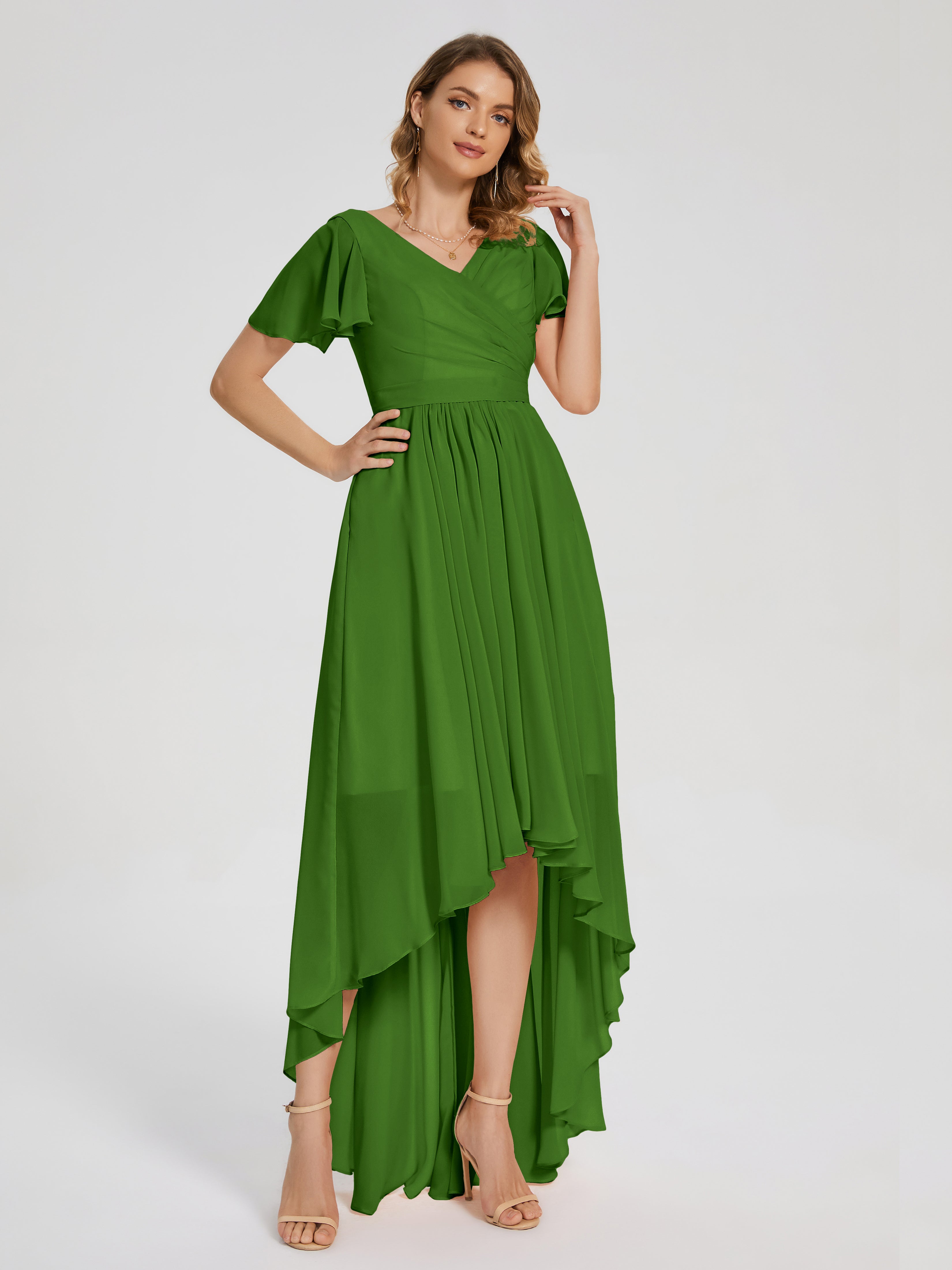 Evangeline High Low Short Sleeves Chiffon Bridesmaid Dress