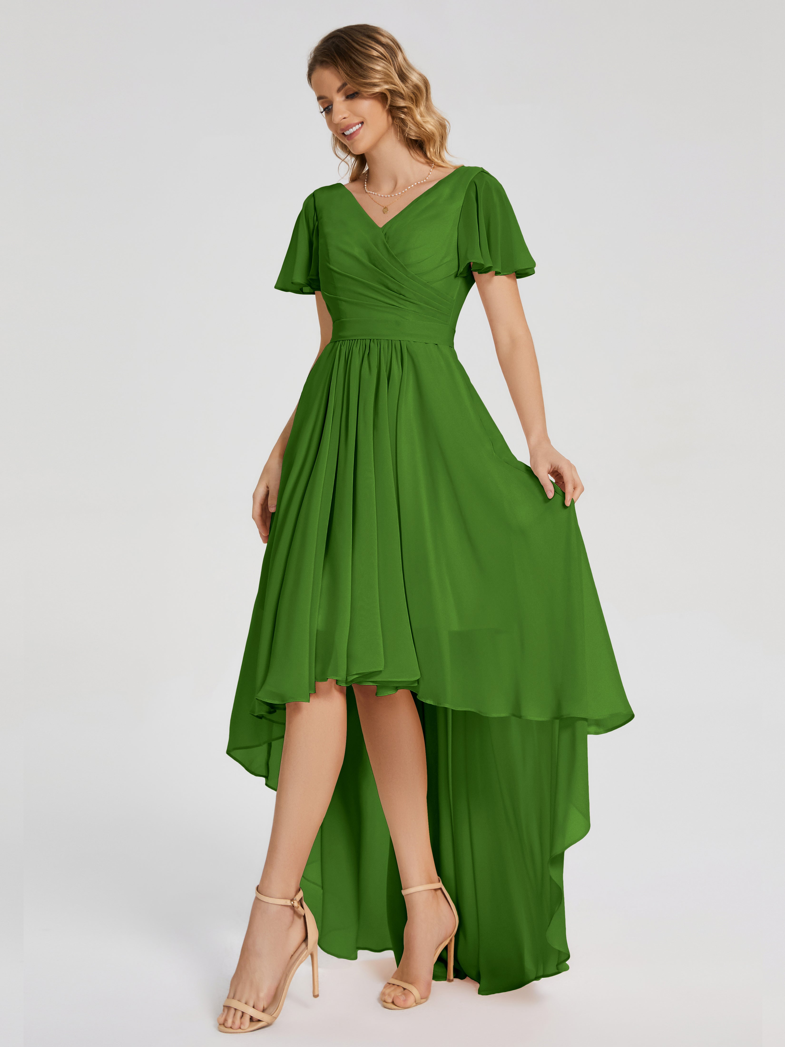 Evangeline High Low Short Sleeves Chiffon Bridesmaid Dress