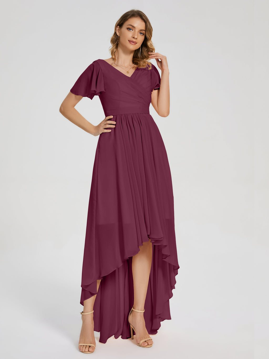 Evangeline High Low Short Sleeves Chiffon Bridesmaid Dress