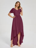 Evangeline High Low Short Sleeves Chiffon Bridesmaid Dress