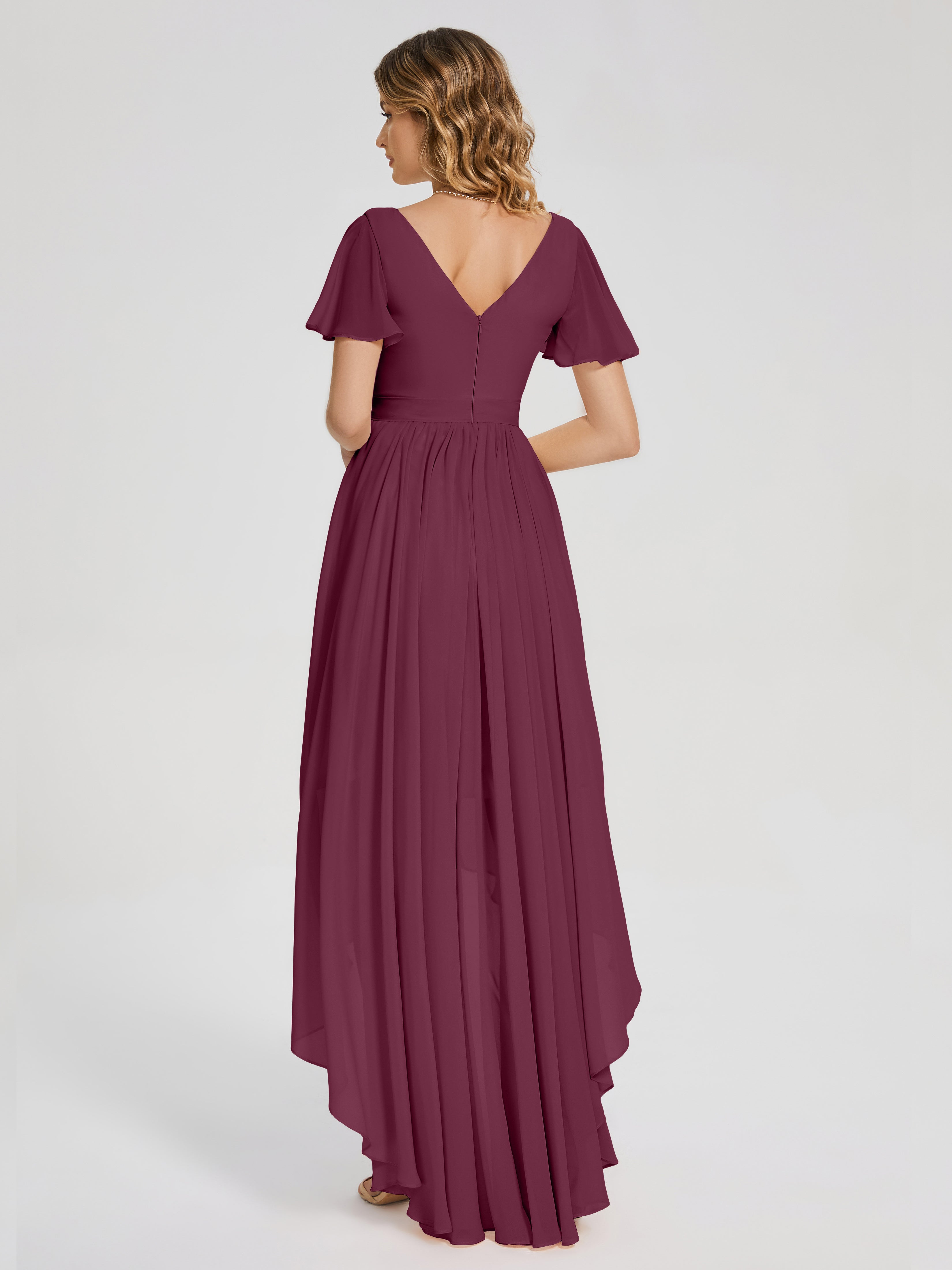 Evangeline High Low Short Sleeves Chiffon Bridesmaid Dress