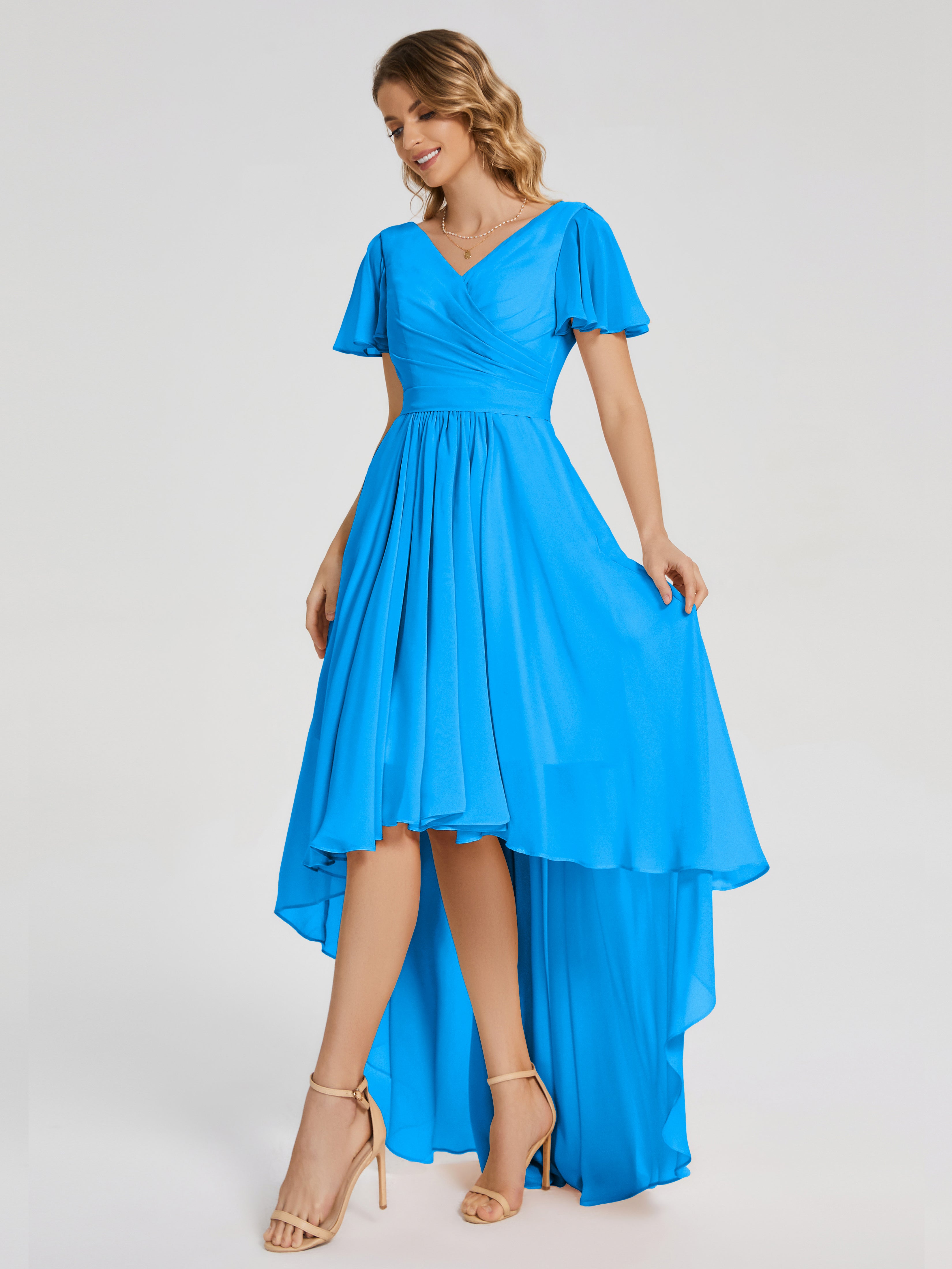 Evangeline High Low Short Sleeves Chiffon Bridesmaid Dress