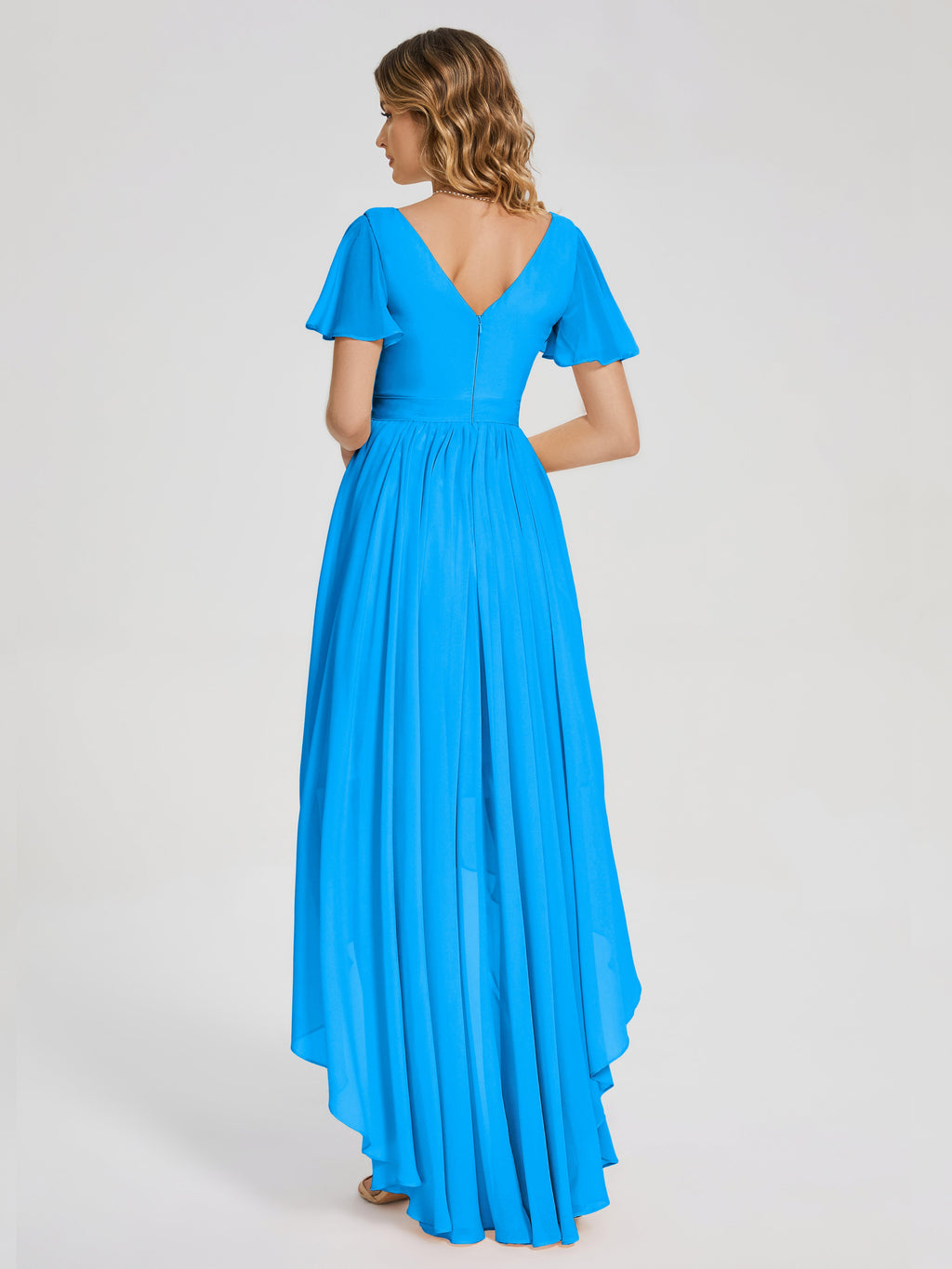 Evangeline High Low Short Sleeves Chiffon Bridesmaid Dress