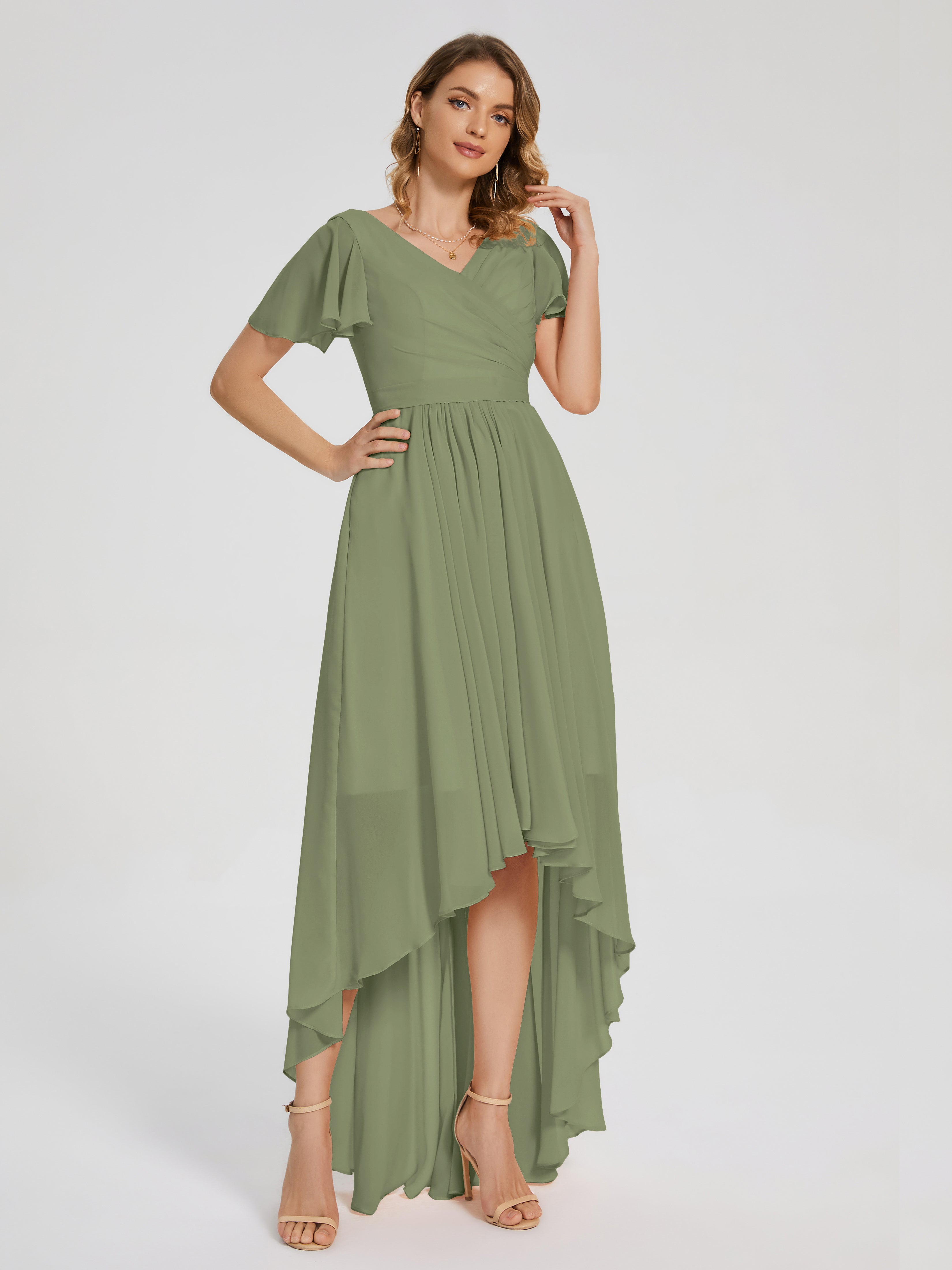 Evangeline High Low Short Sleeves Chiffon Bridesmaid Dress