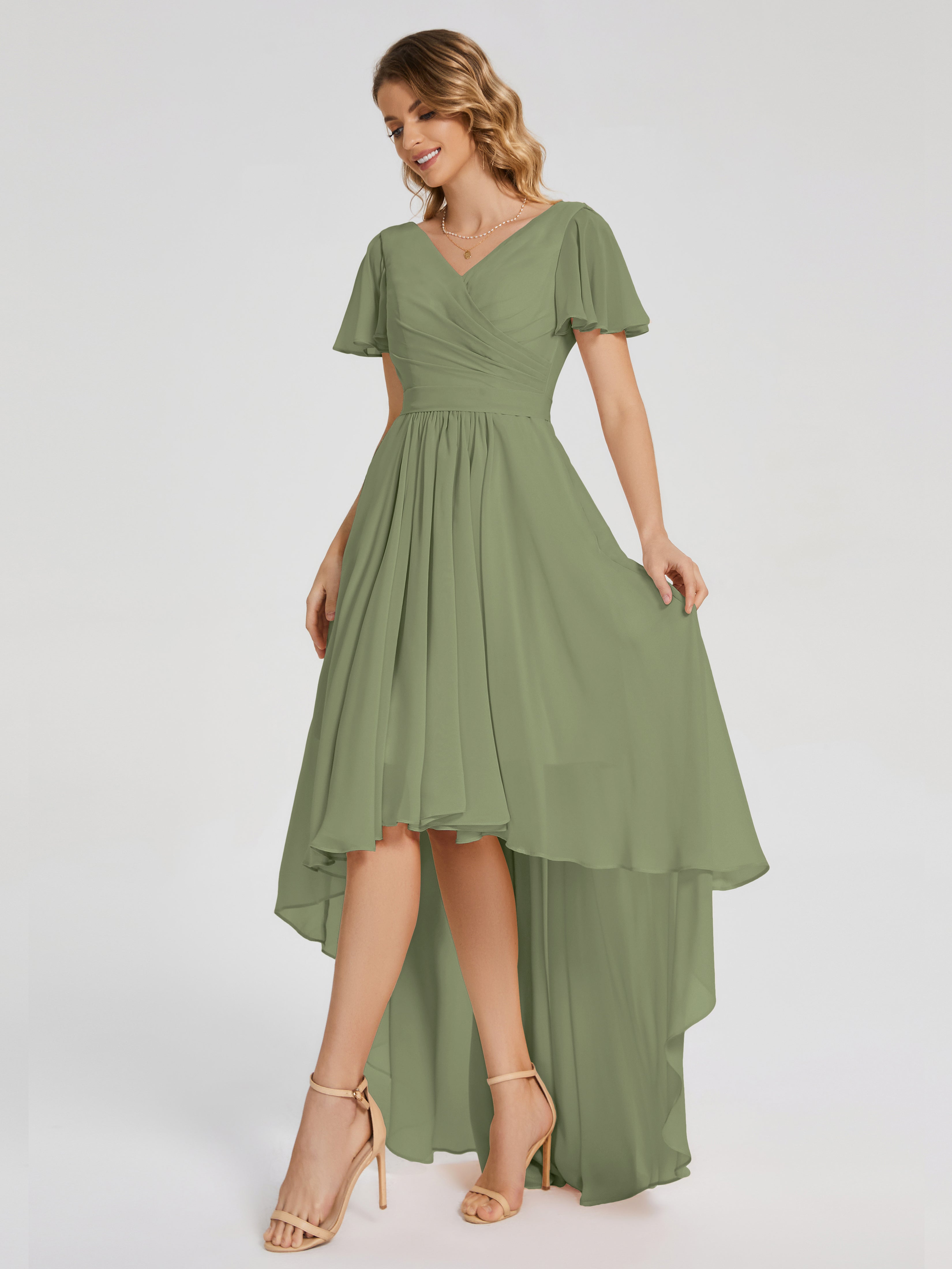 Evangeline High Low Short Sleeves Chiffon Bridesmaid Dress