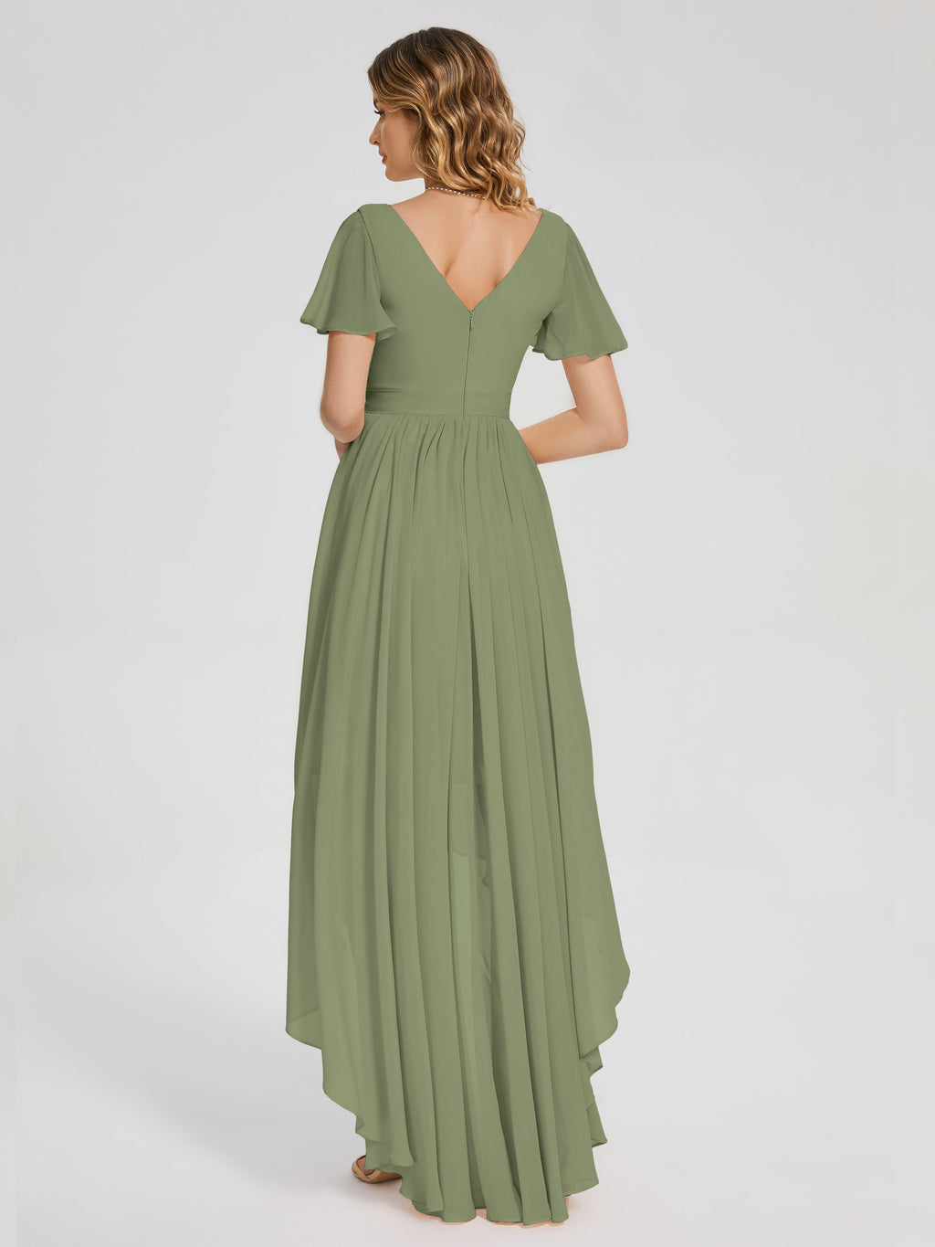 Evangeline High Low Short Sleeves Chiffon Bridesmaid Dress