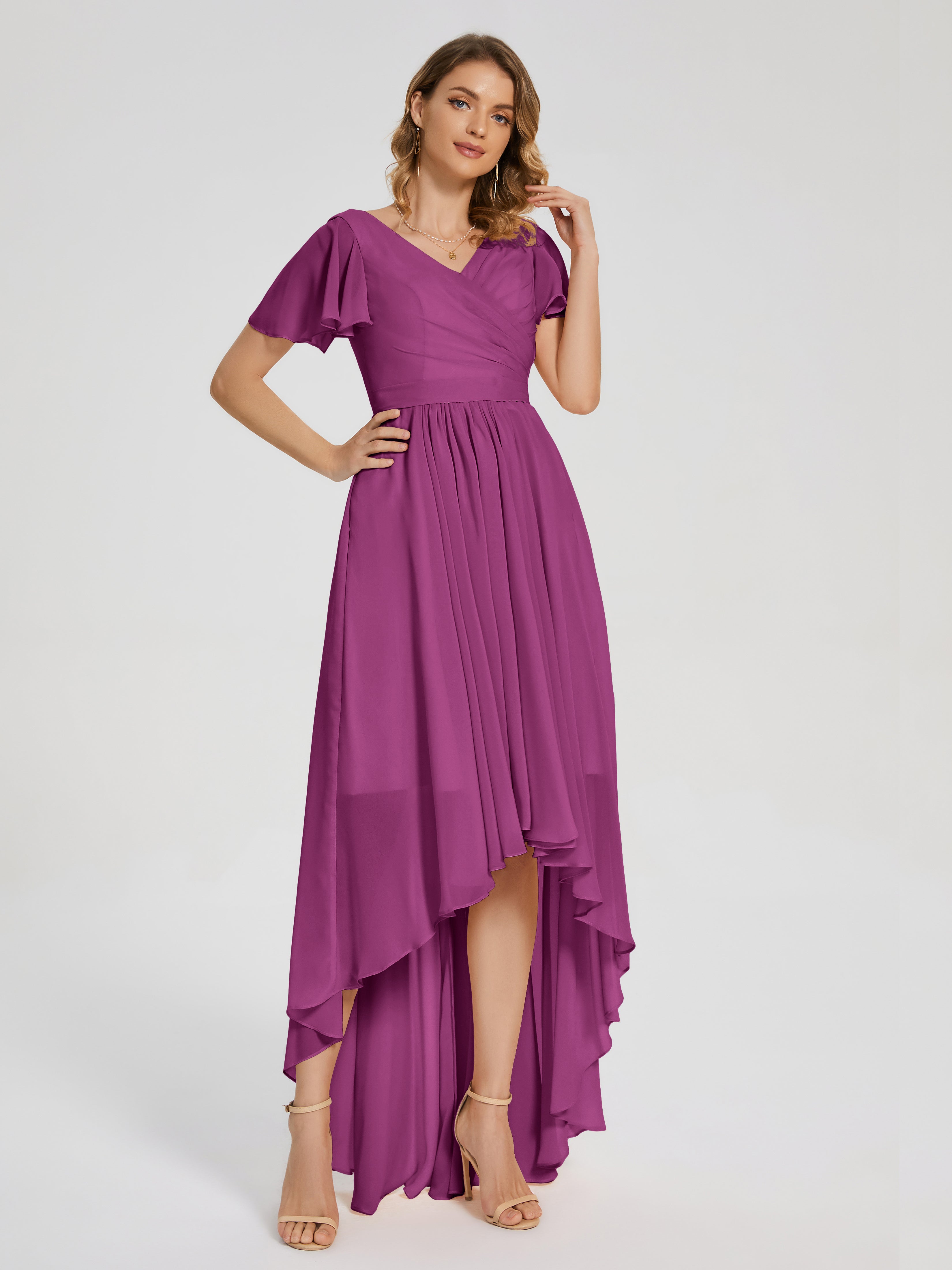 Evangeline High Low Short Sleeves Chiffon Bridesmaid Dress