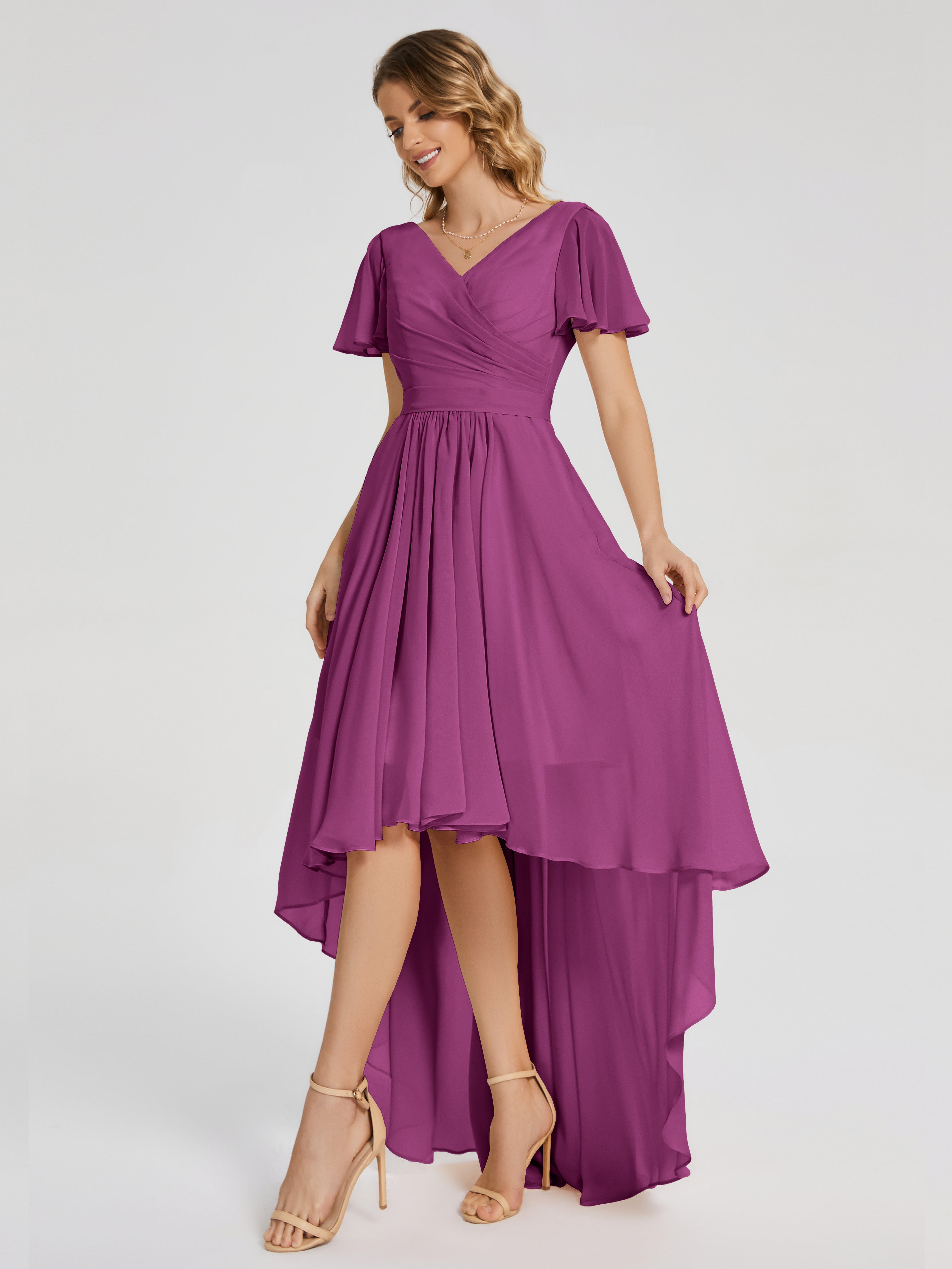 Evangeline High Low Short Sleeves Chiffon Bridesmaid Dress