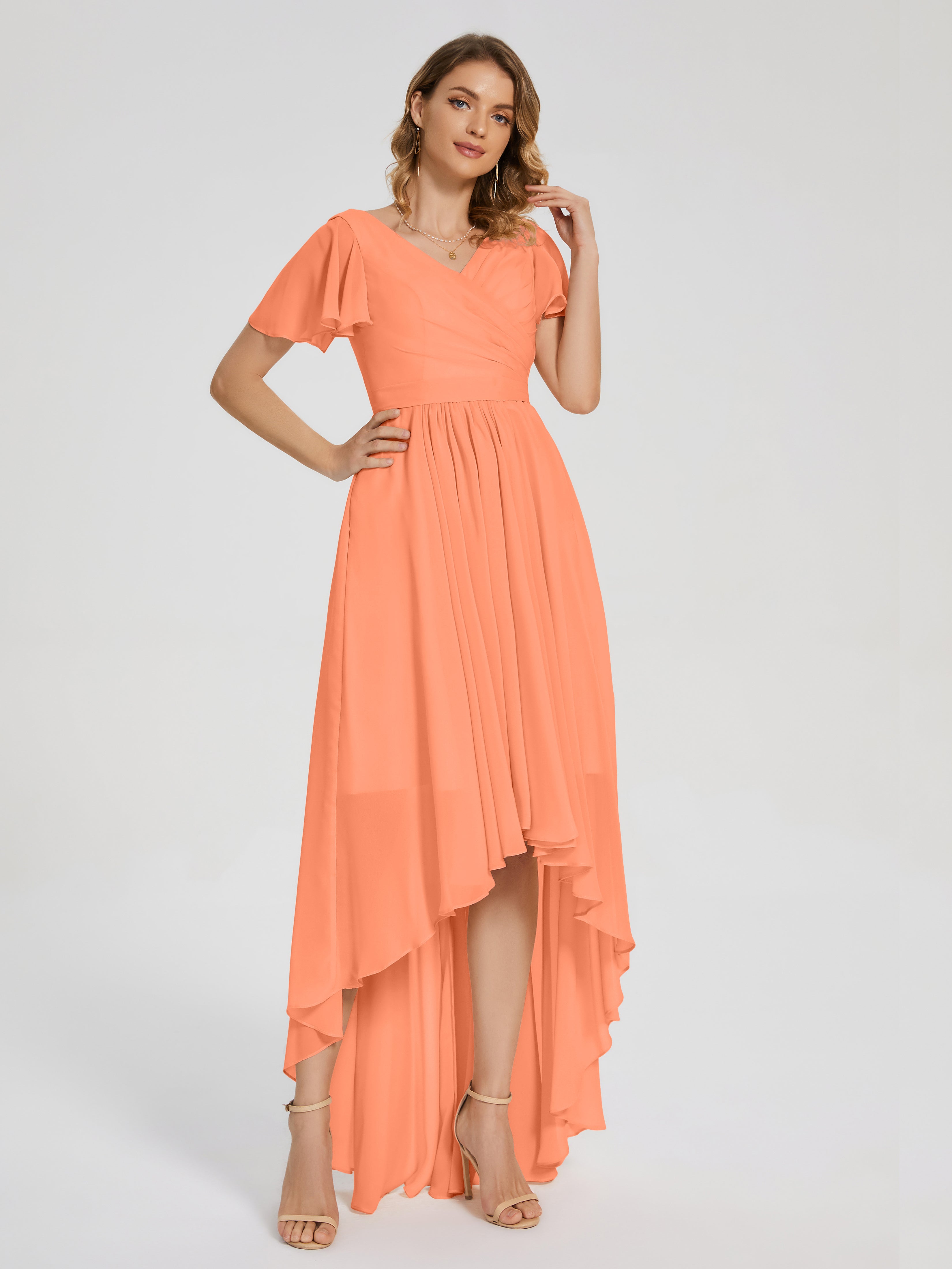 Evangeline High Low Short Sleeves Chiffon Bridesmaid Dress