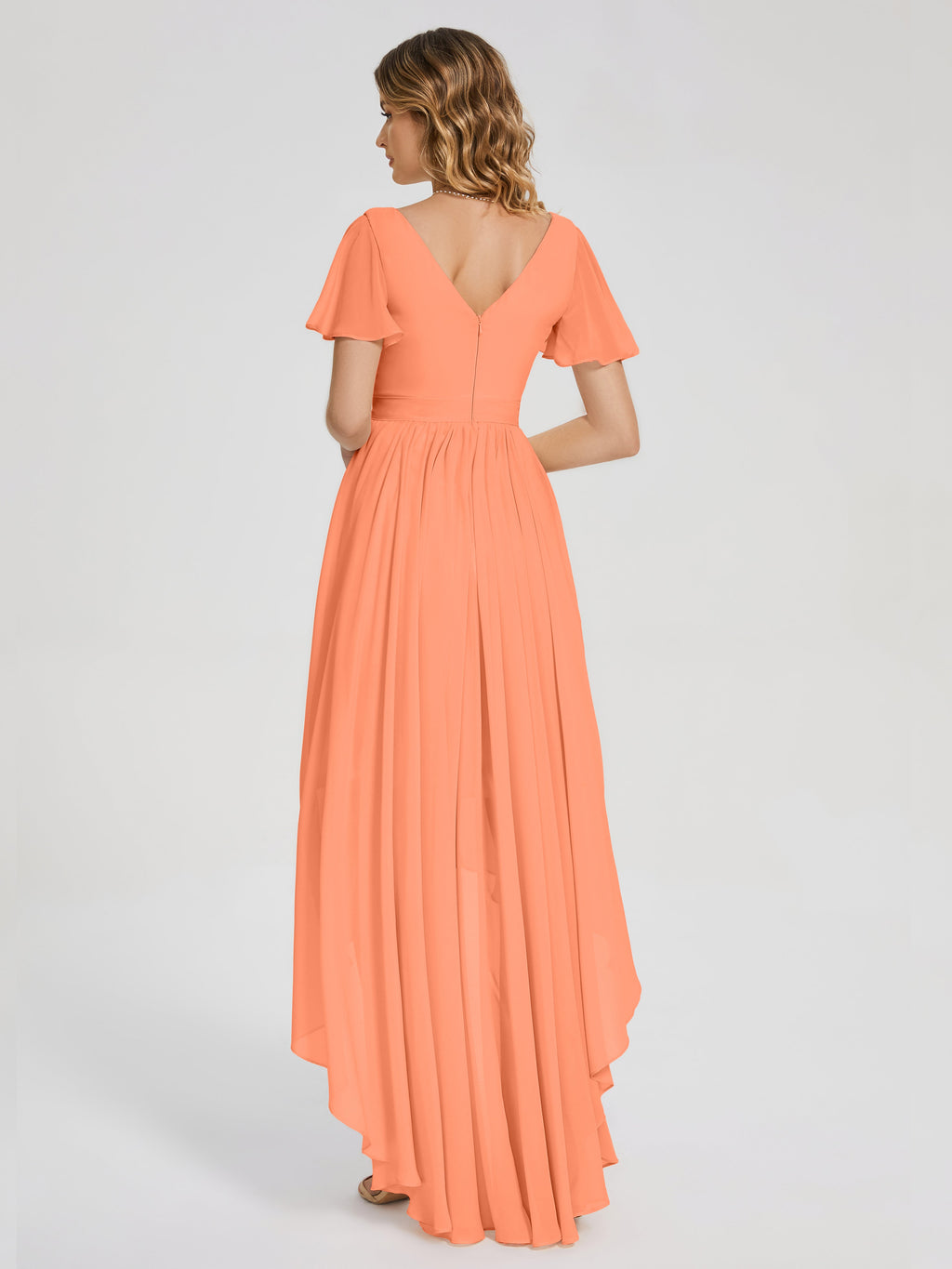 Evangeline High Low Short Sleeves Chiffon Bridesmaid Dress