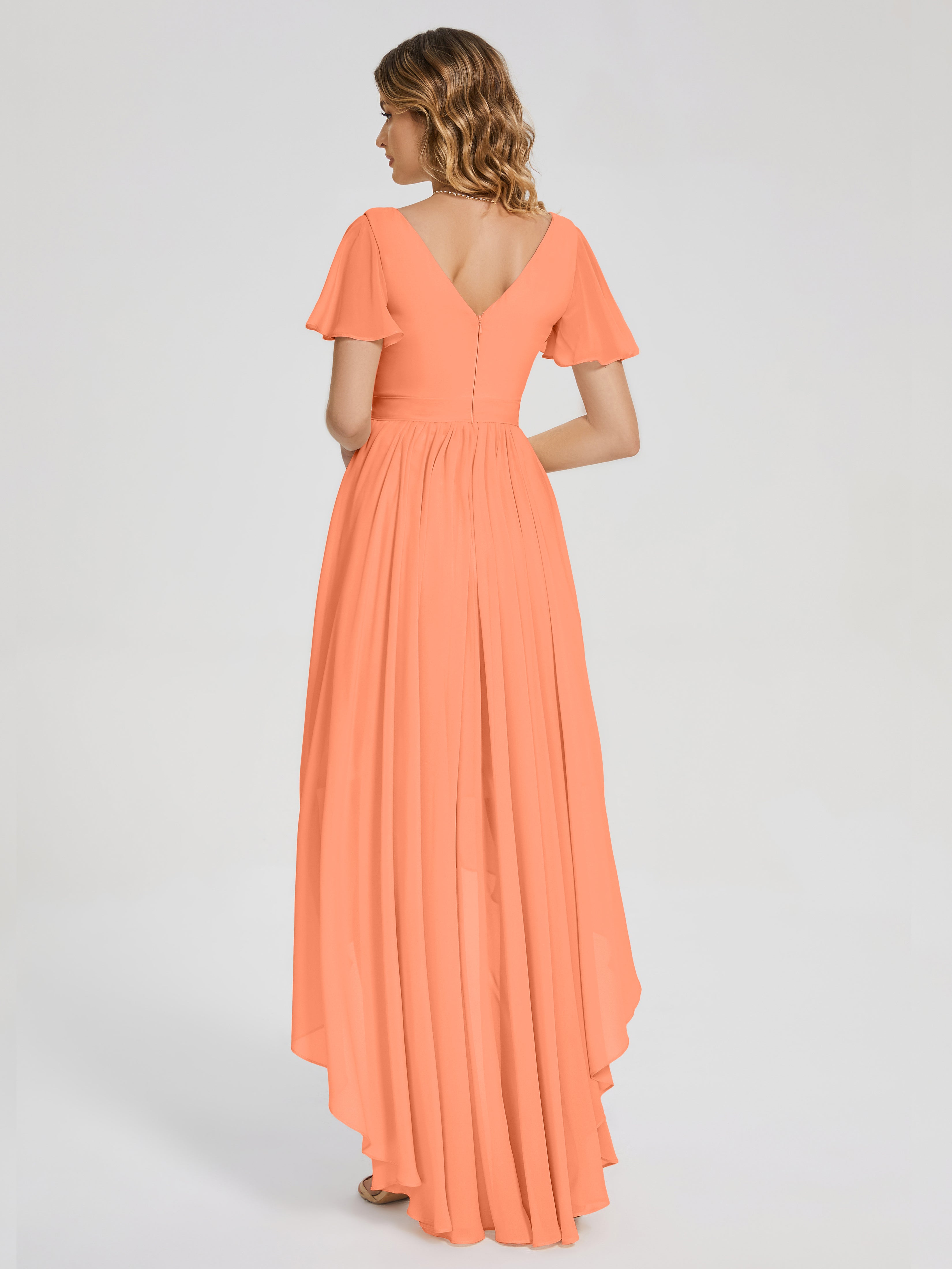 Evangeline High Low Short Sleeves Chiffon Bridesmaid Dress