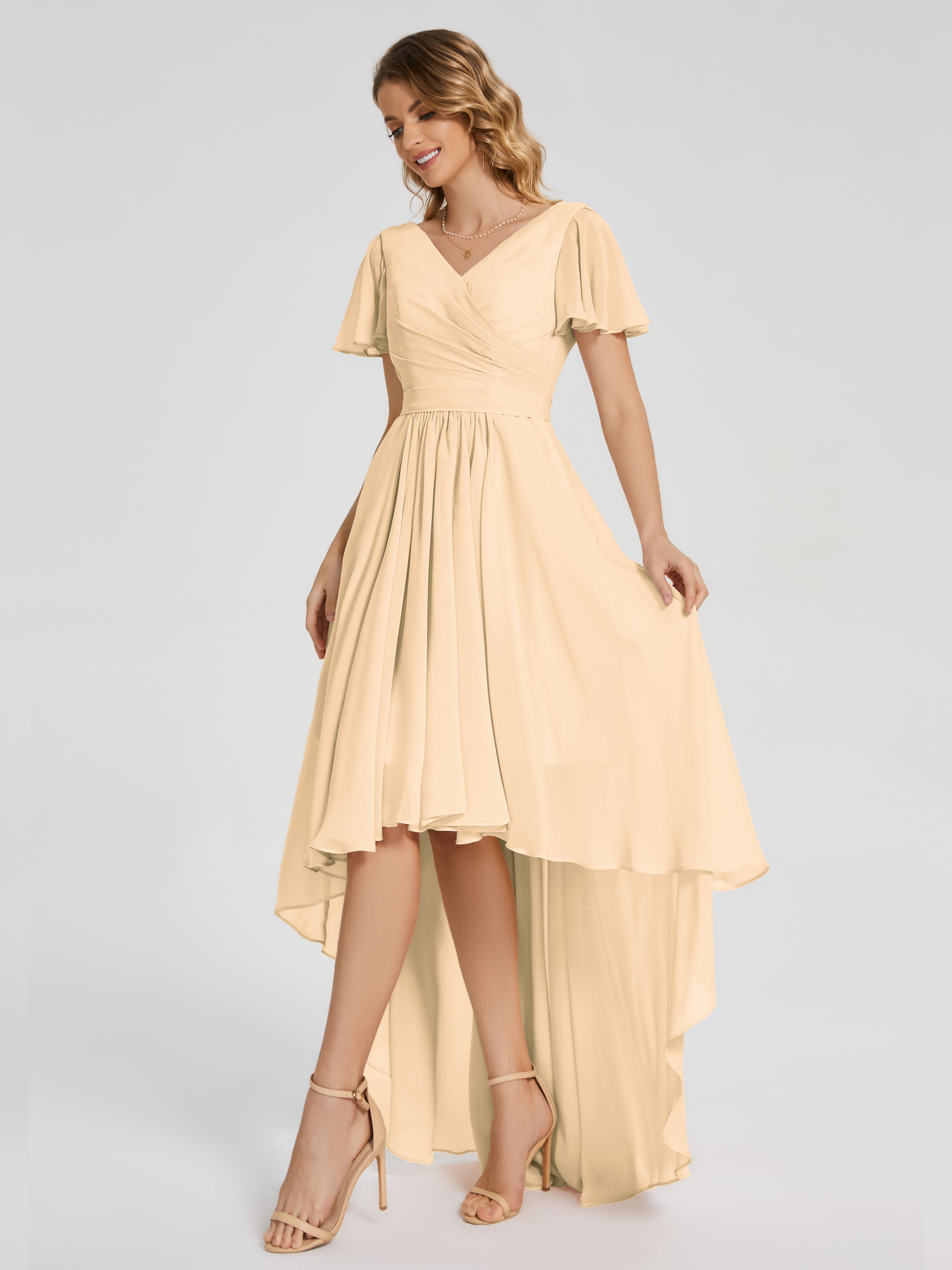 Evangeline High Low Short Sleeves Chiffon Bridesmaid Dress