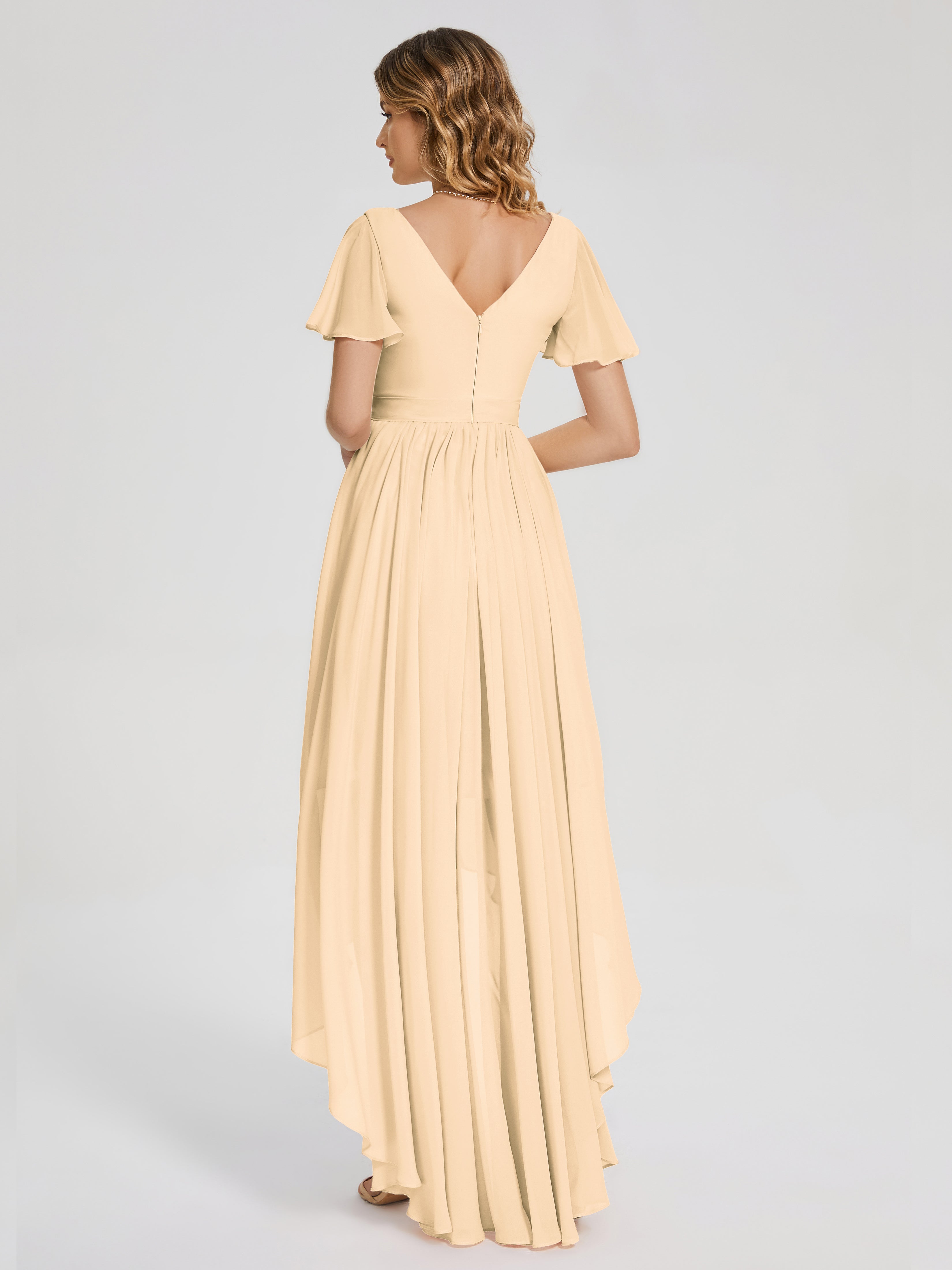 Evangeline High Low Short Sleeves Chiffon Bridesmaid Dress