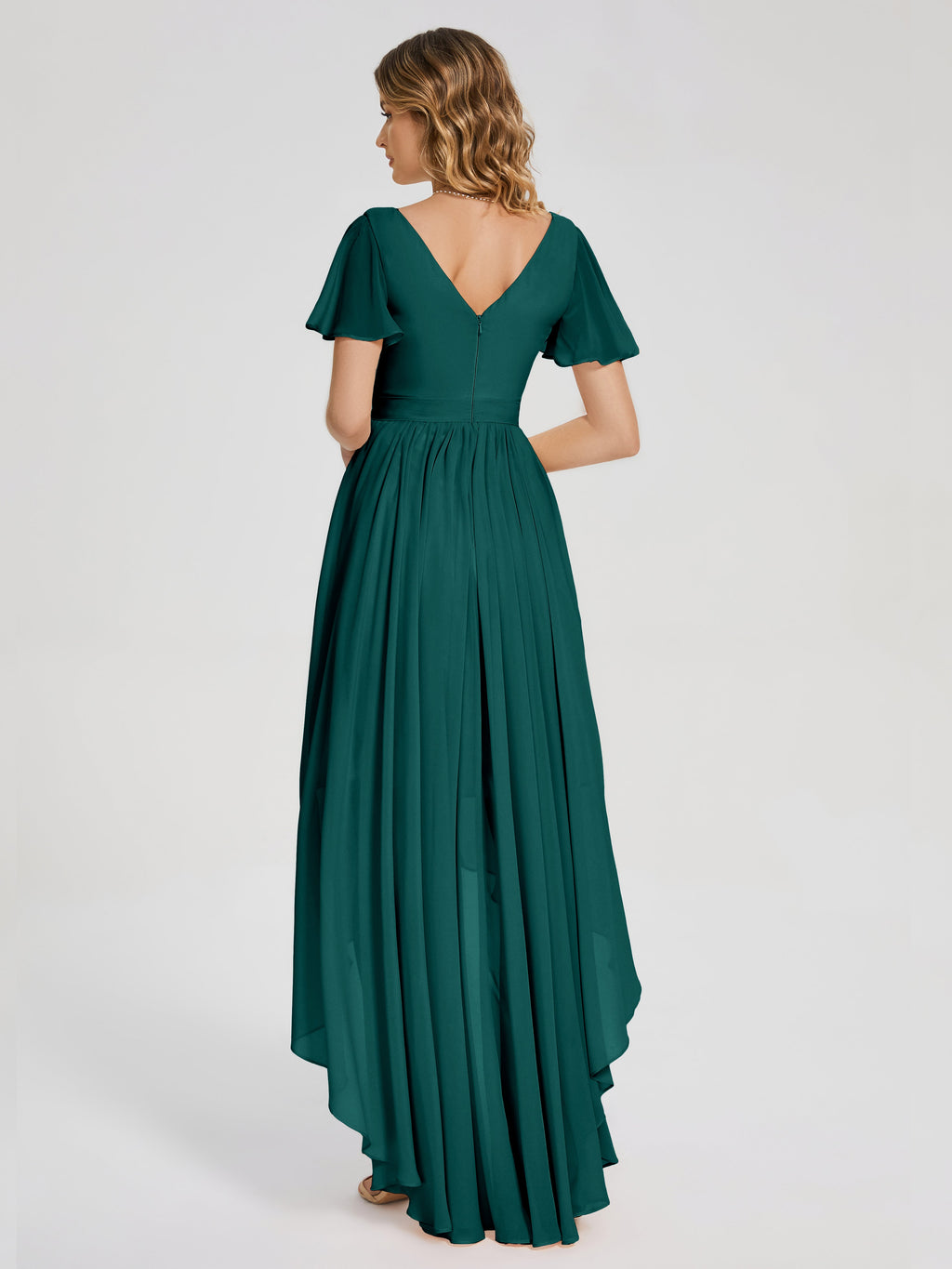 Evangeline High Low Short Sleeves Chiffon Bridesmaid Dress