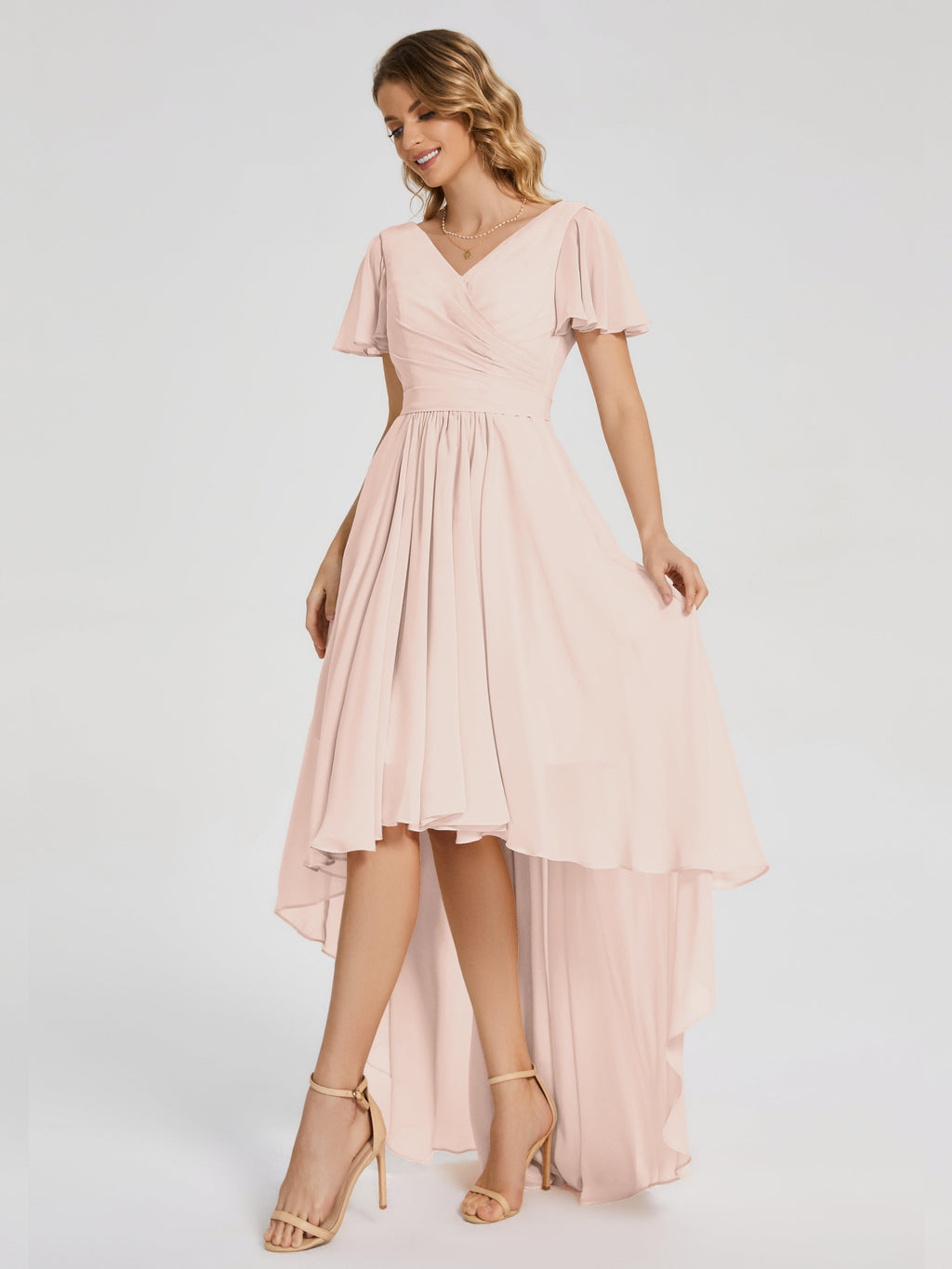 Evangeline High Low Short Sleeves Chiffon Bridesmaid Dress