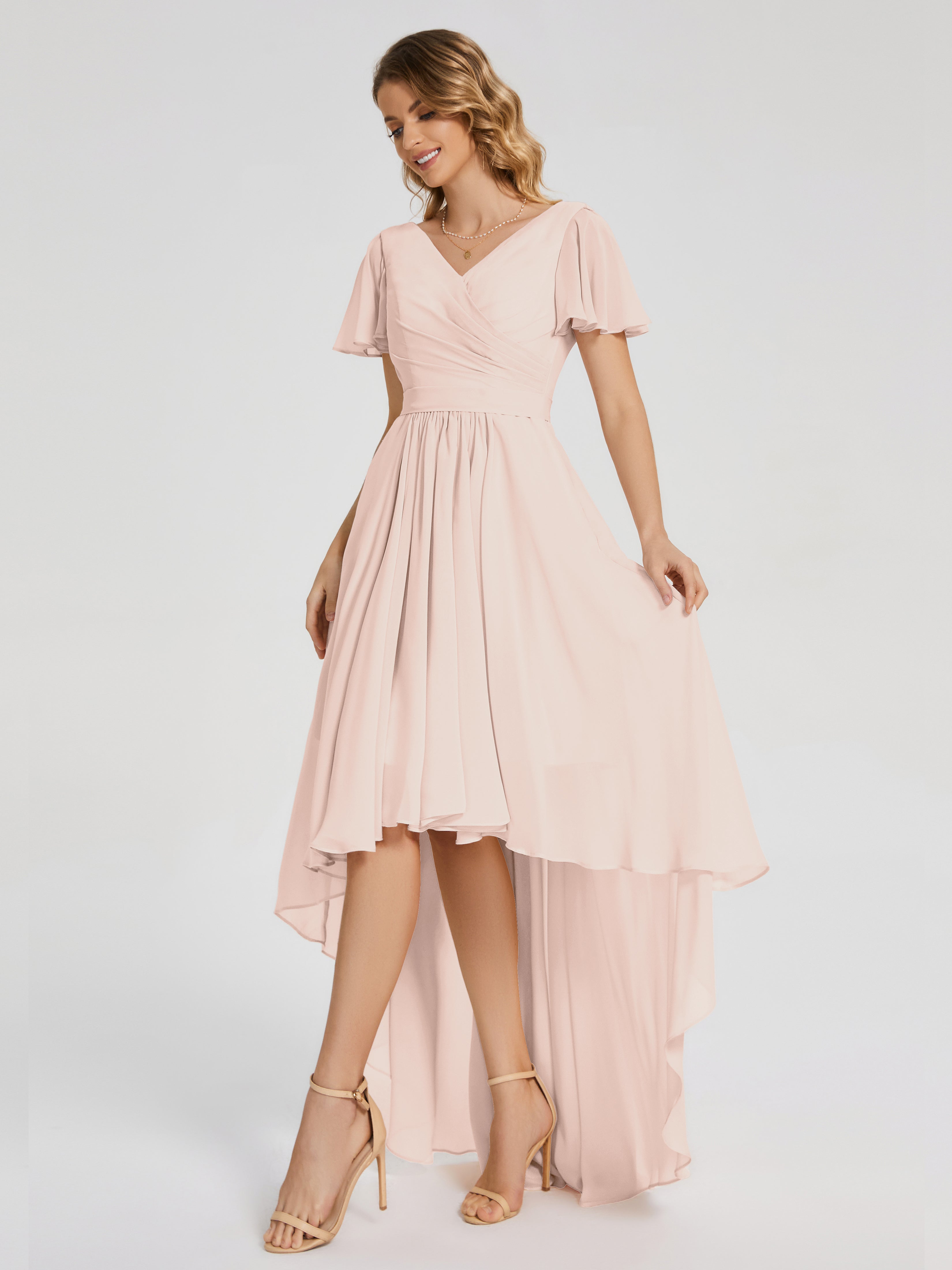 Evangeline High Low Short Sleeves Chiffon Bridesmaid Dress