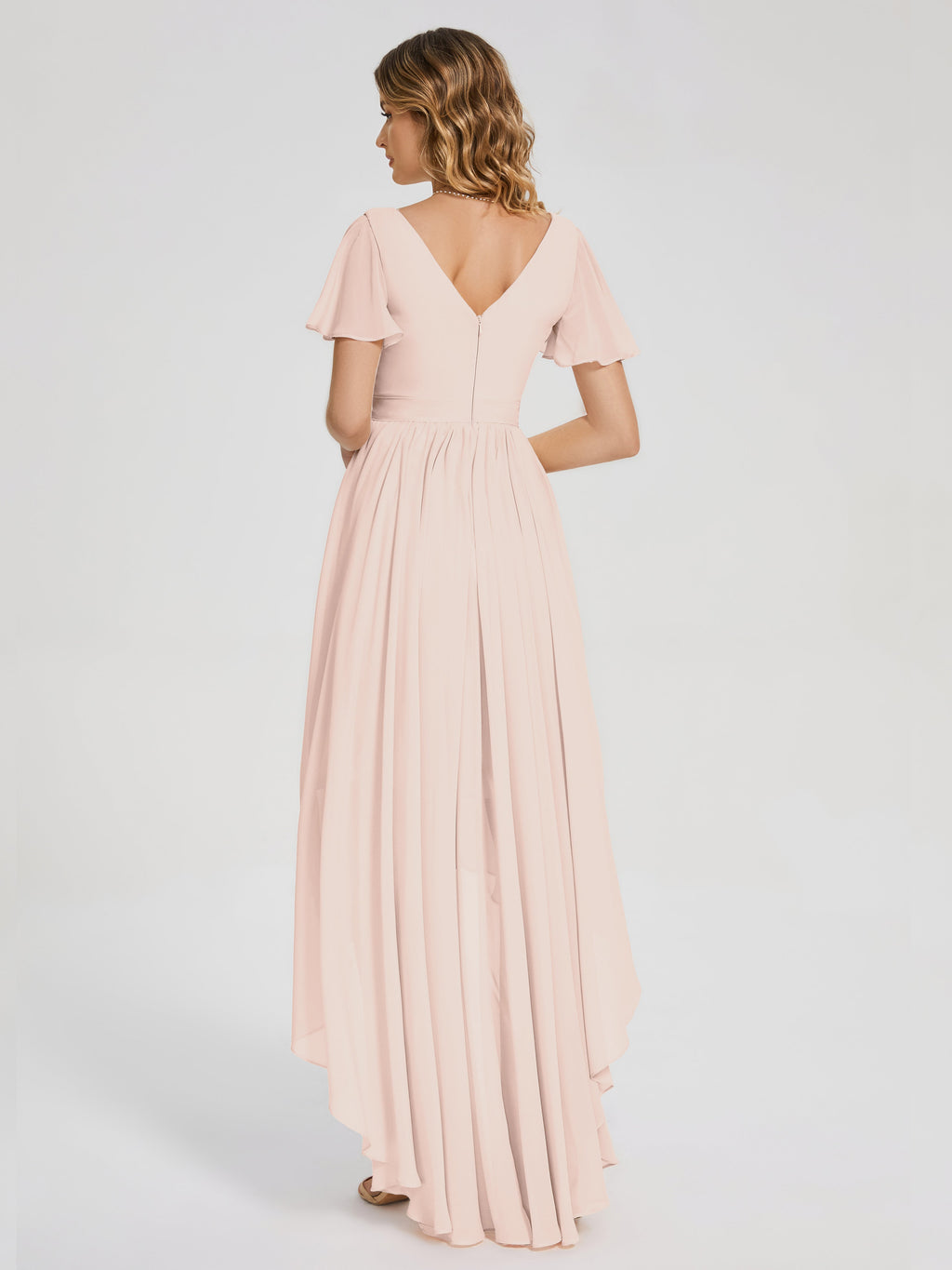 Evangeline High Low Short Sleeves Chiffon Bridesmaid Dress