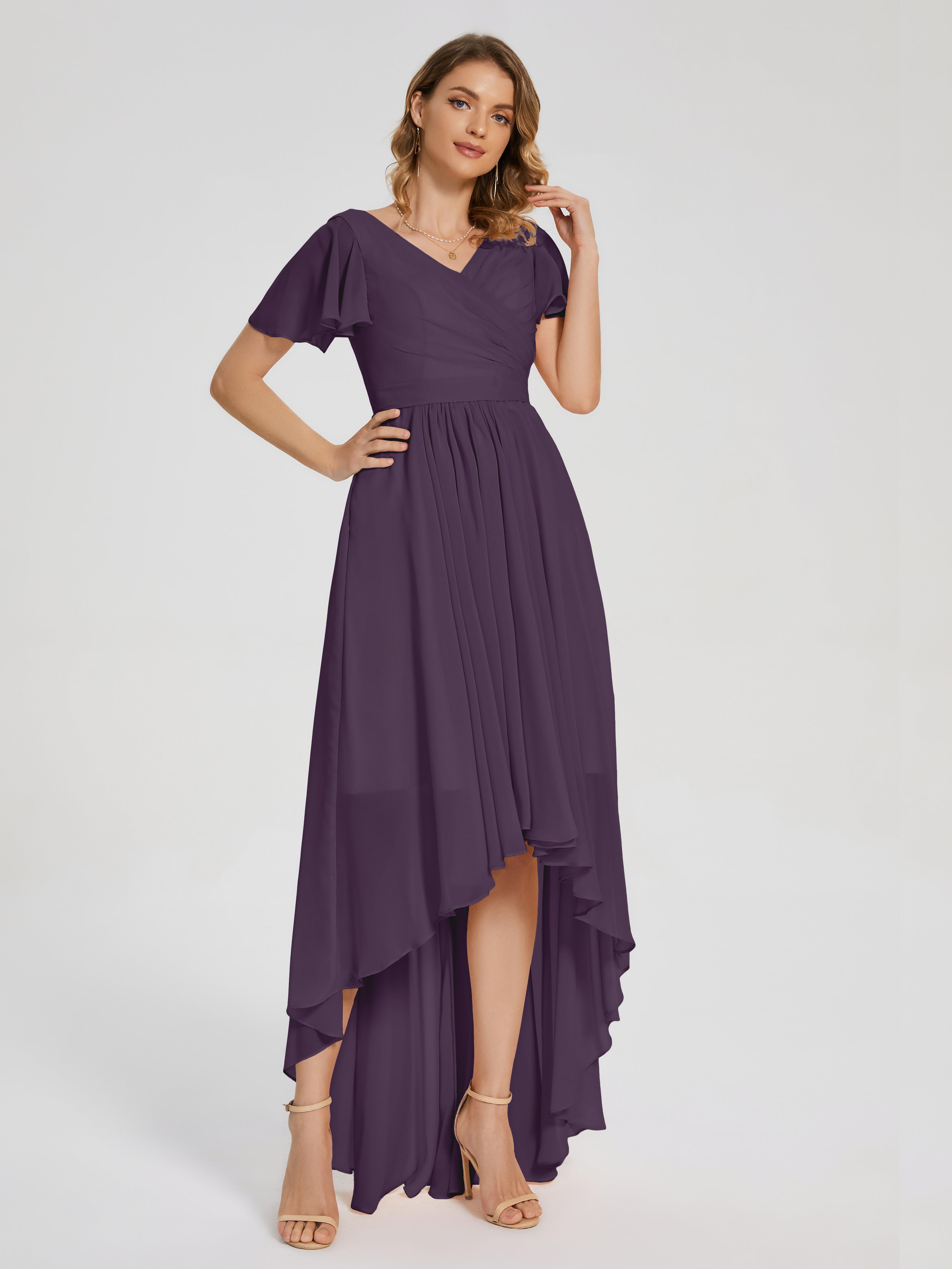 Evangeline High Low Short Sleeves Chiffon Bridesmaid Dress