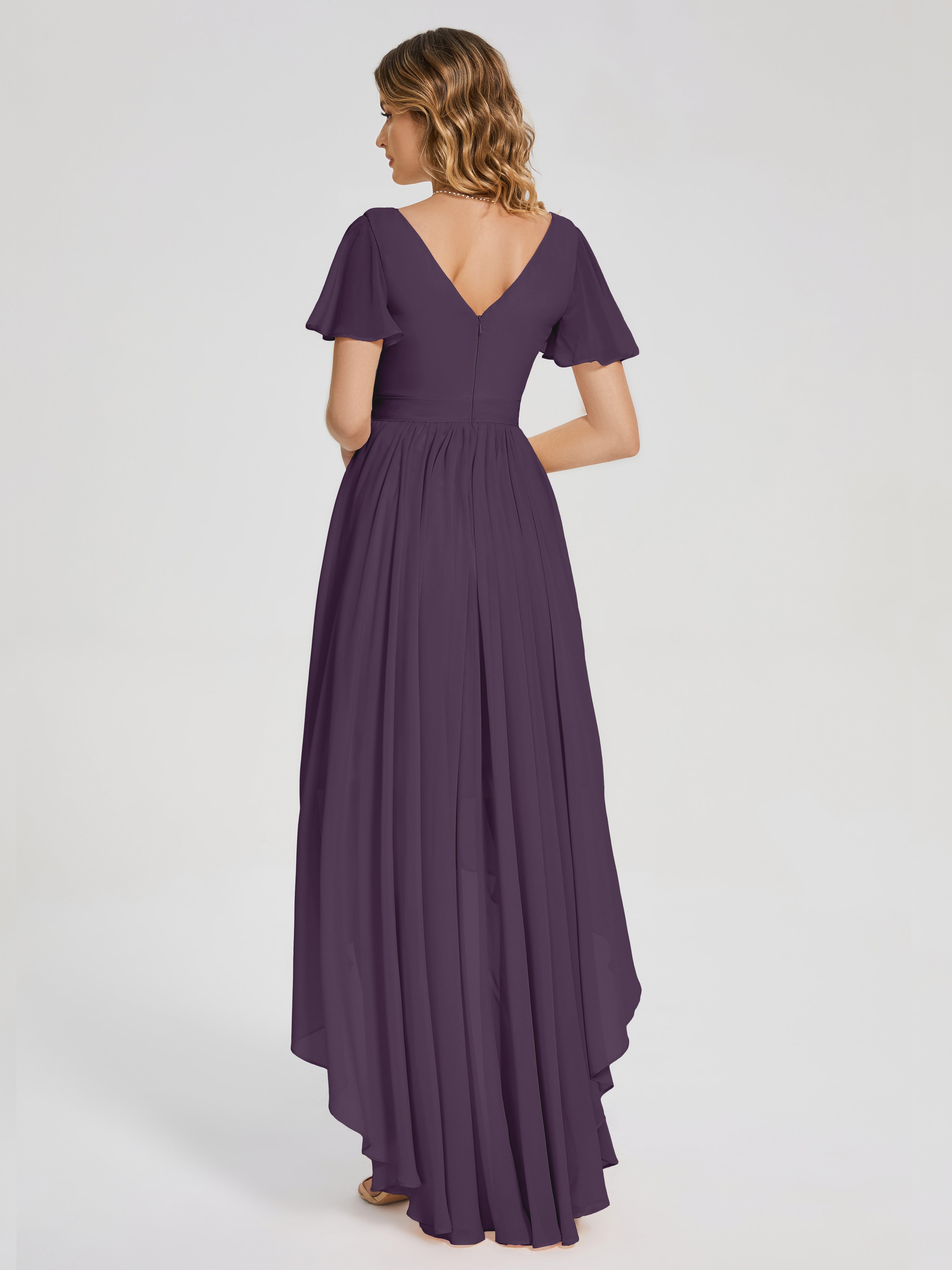 Evangeline High Low Short Sleeves Chiffon Bridesmaid Dress