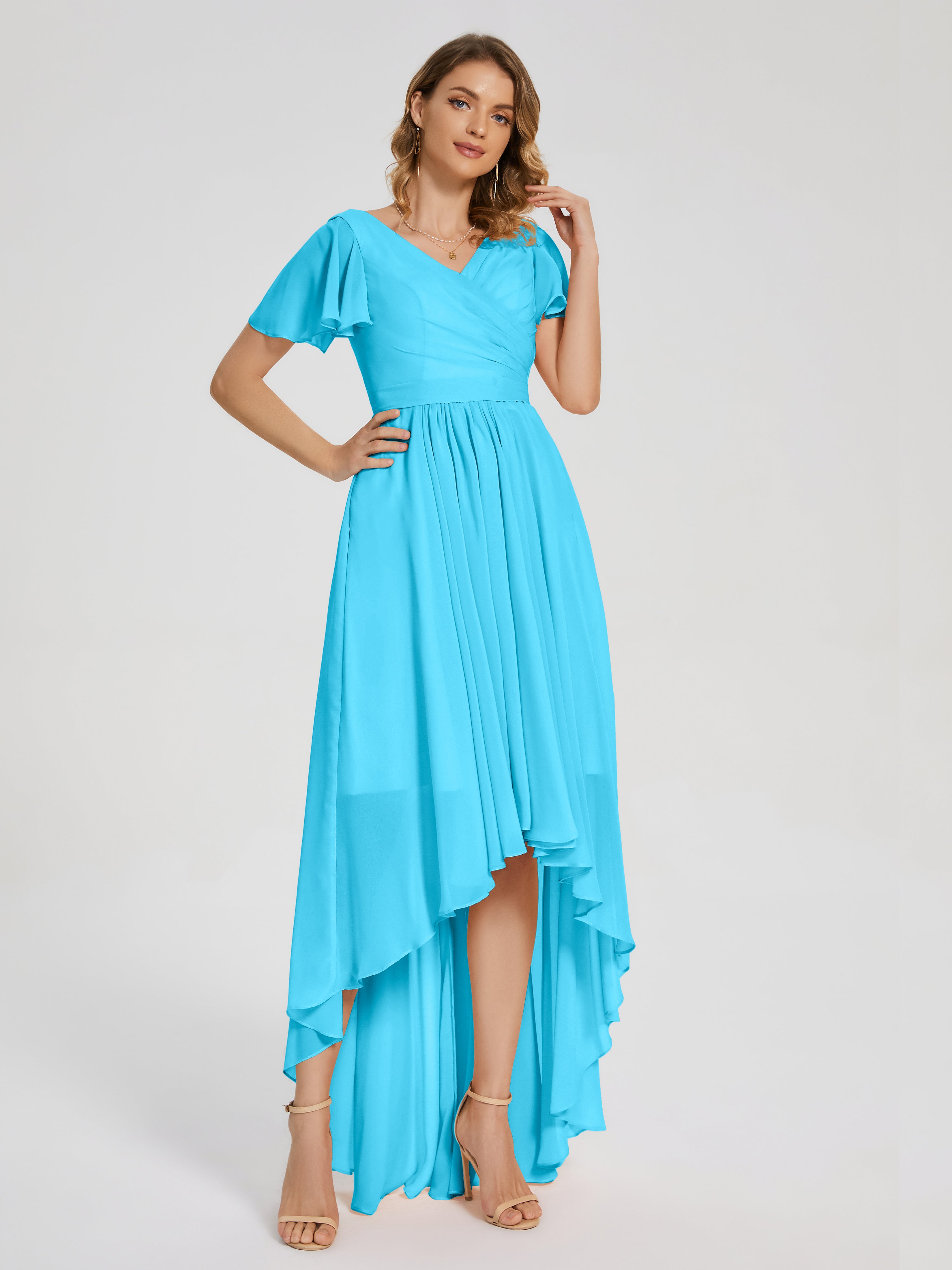 Evangeline High Low Short Sleeves Chiffon Bridesmaid Dress