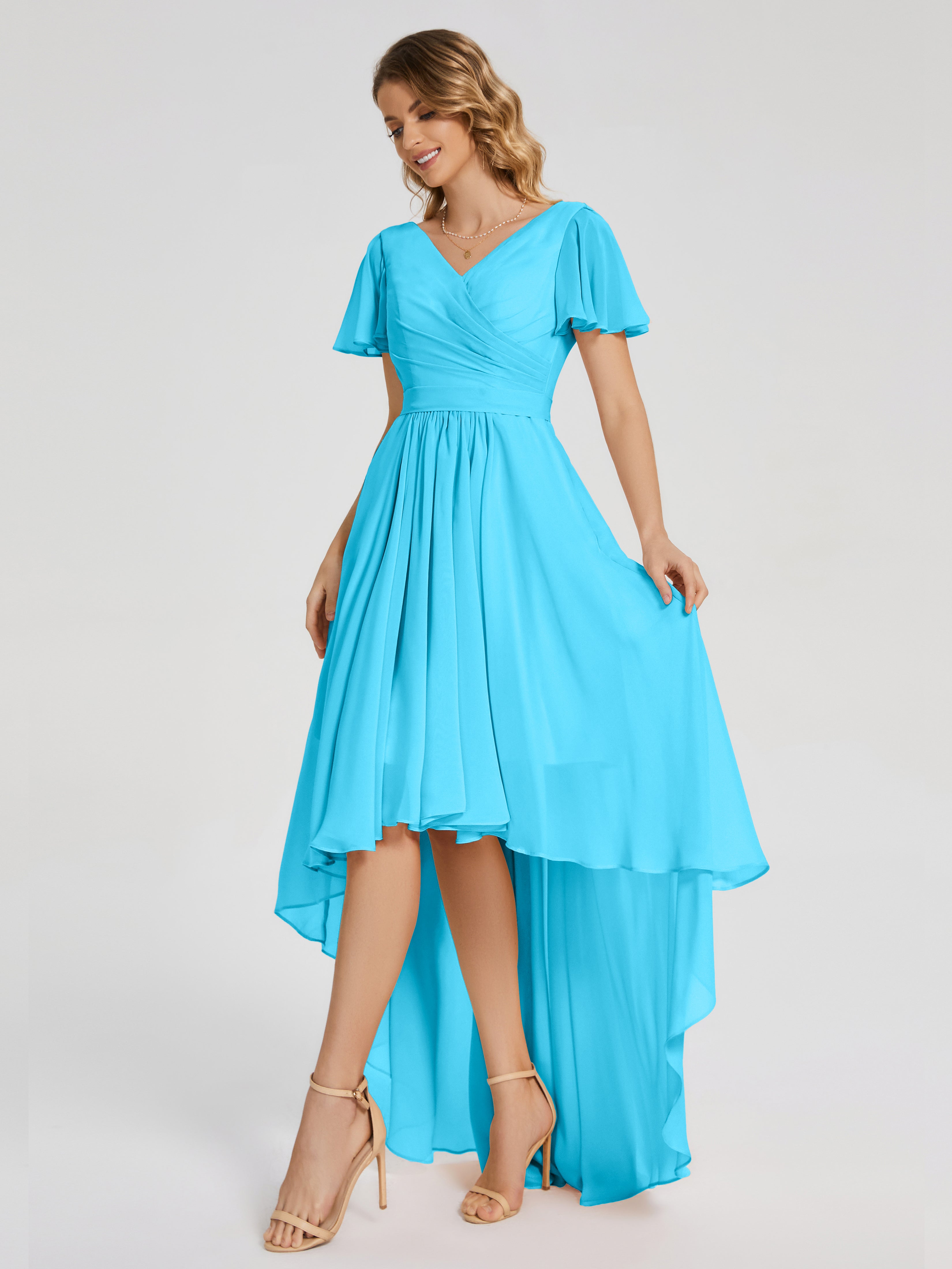 Evangeline High Low Short Sleeves Chiffon Bridesmaid Dress