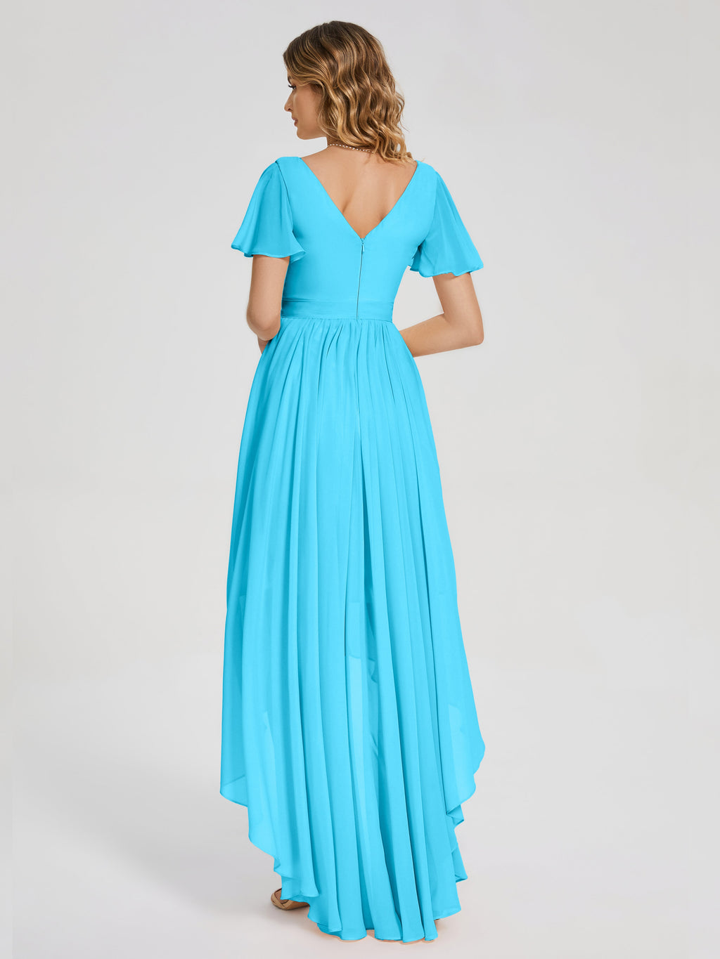 Evangeline High Low Short Sleeves Chiffon Bridesmaid Dress
