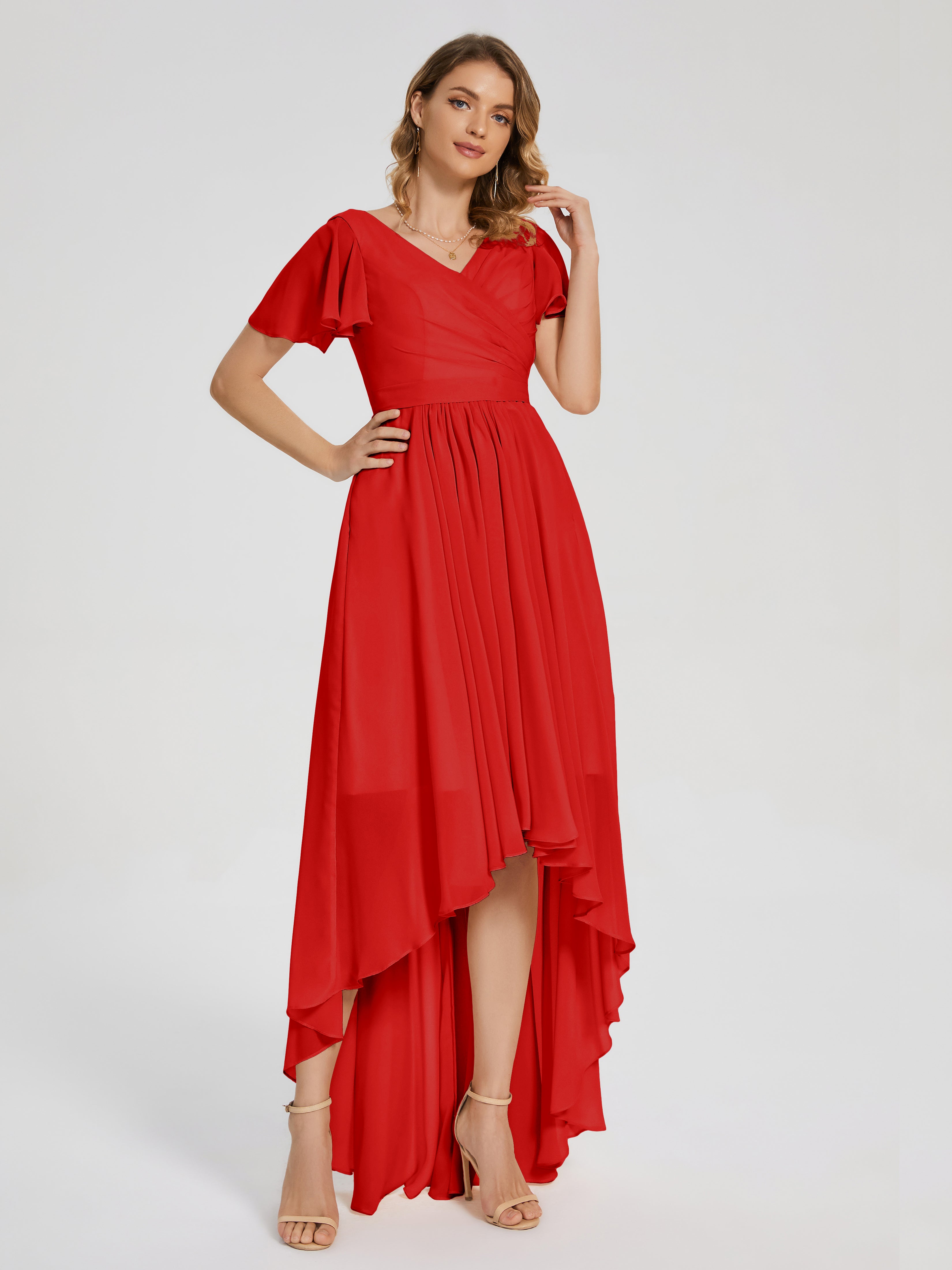 Evangeline High Low Short Sleeves Chiffon Bridesmaid Dress