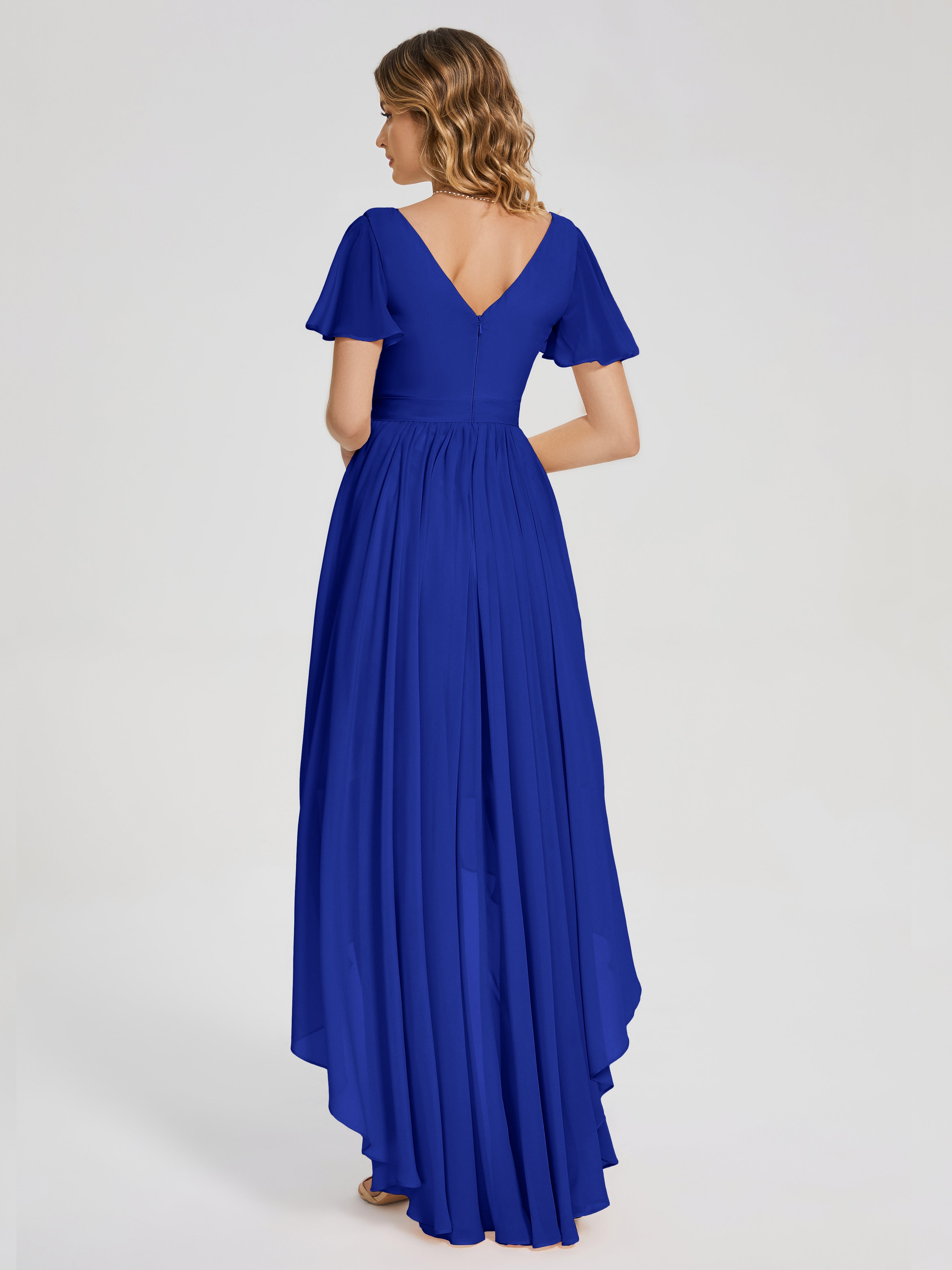 Evangeline High Low Short Sleeves Chiffon Bridesmaid Dress