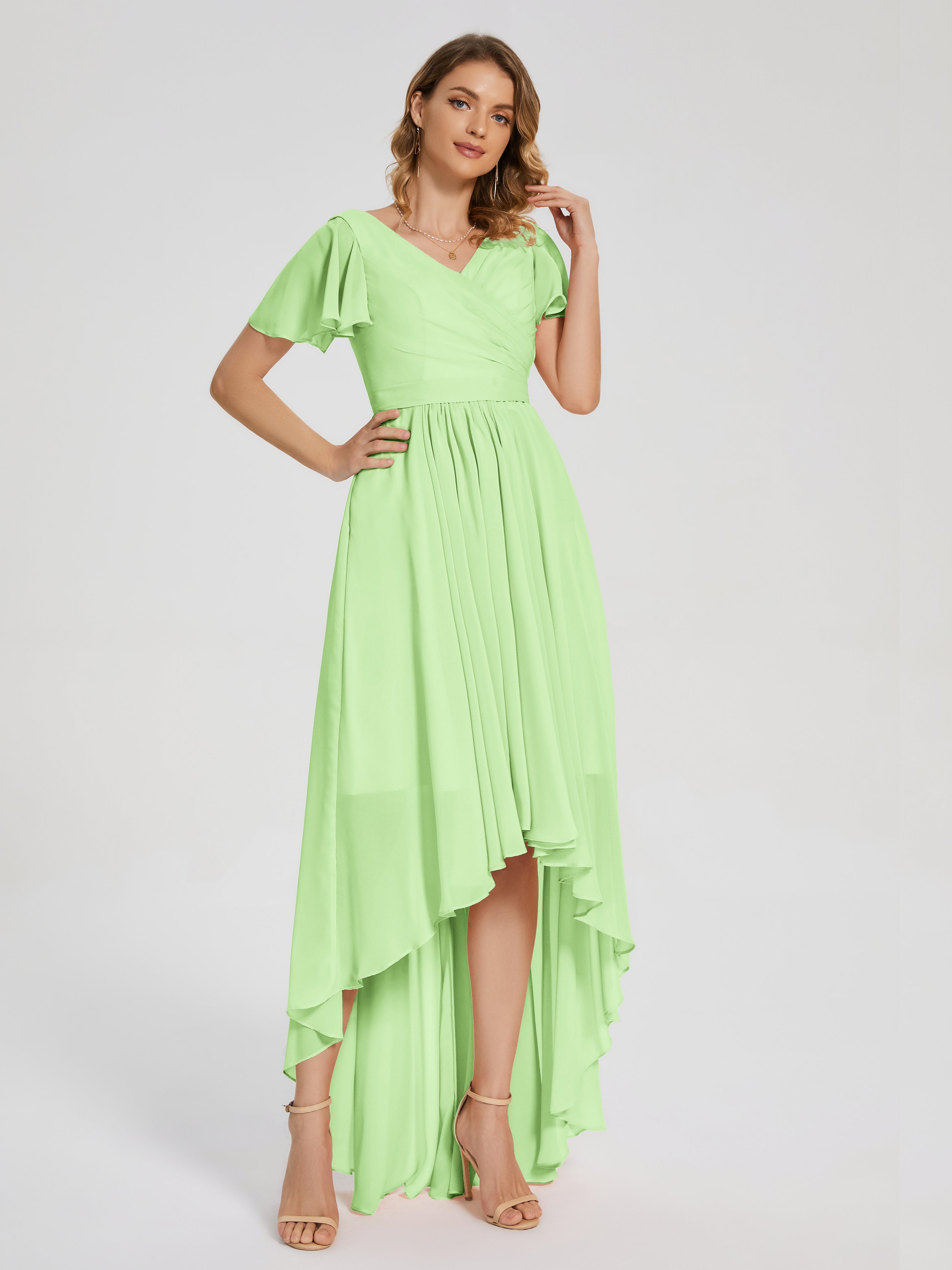 Evangeline High Low Short Sleeves Chiffon Bridesmaid Dress