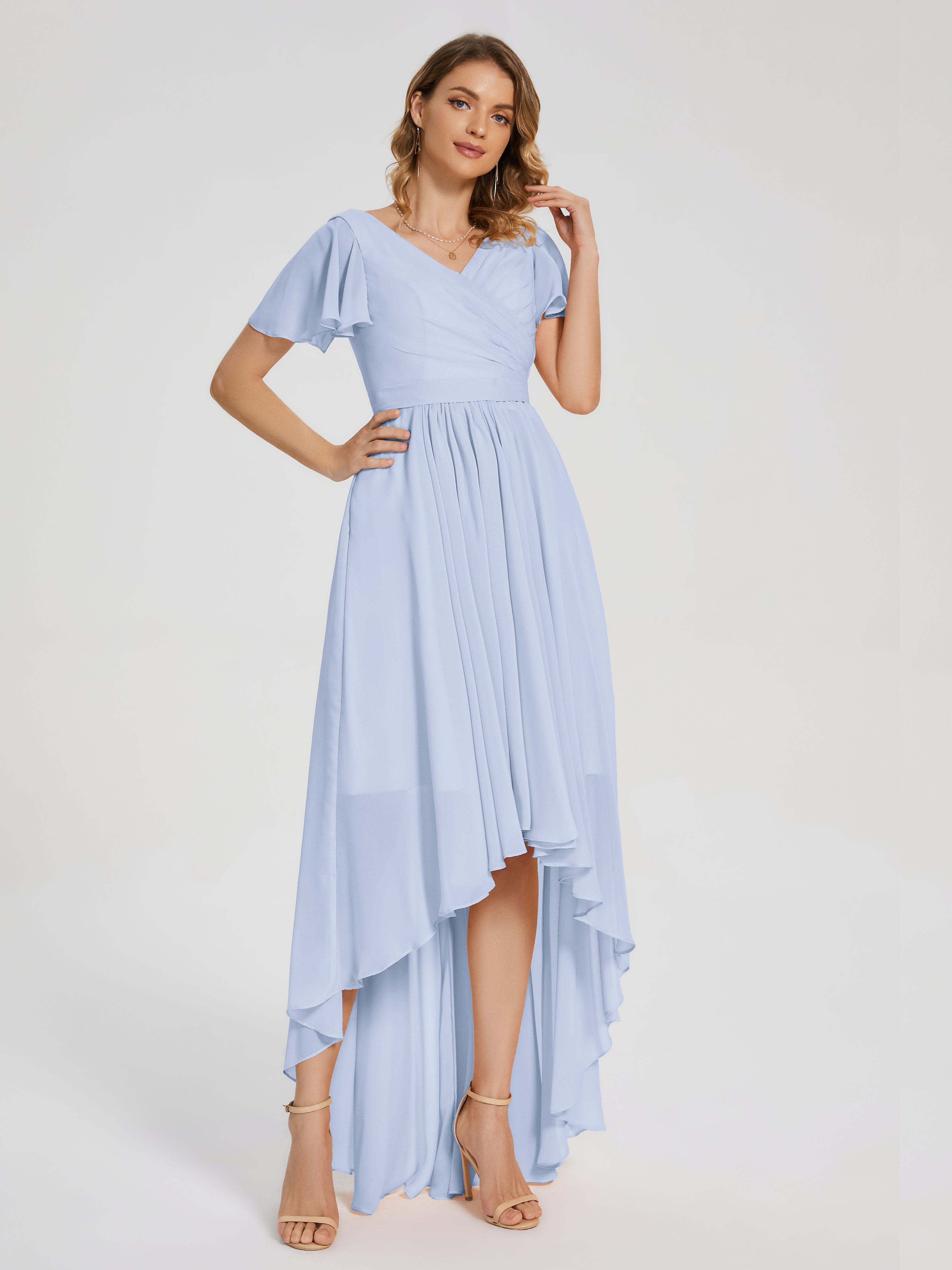 Evangeline High Low Short Sleeves Chiffon Bridesmaid Dress