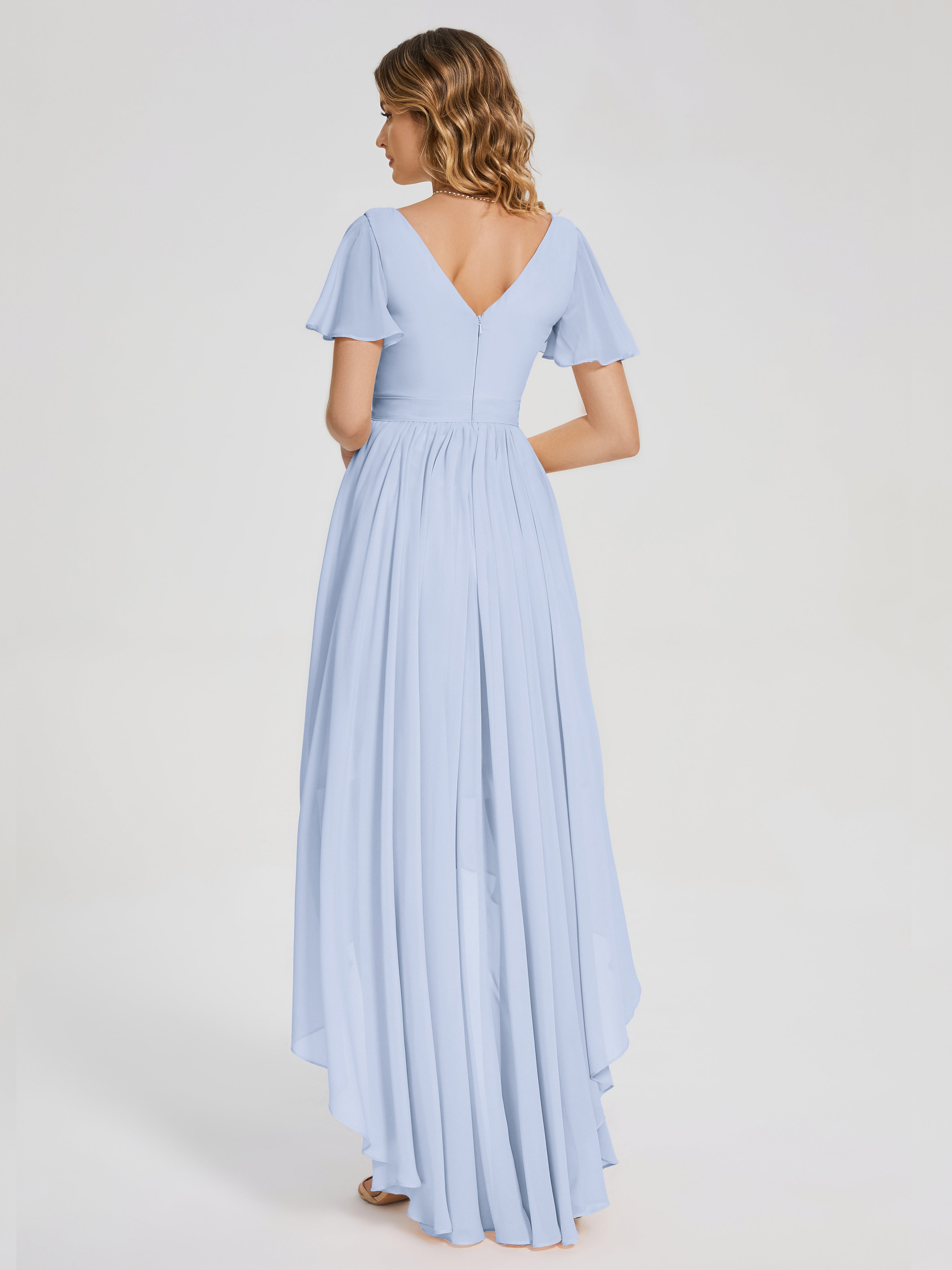 Evangeline High Low Short Sleeves Chiffon Bridesmaid Dress