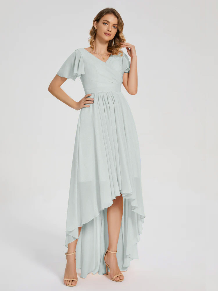 Evangeline High Low Short Sleeves Chiffon Bridesmaid Dress
