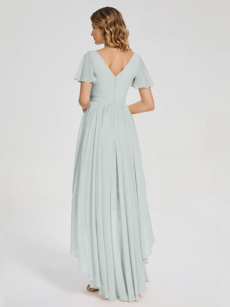Evangeline High Low Short Sleeves Chiffon Bridesmaid Dress