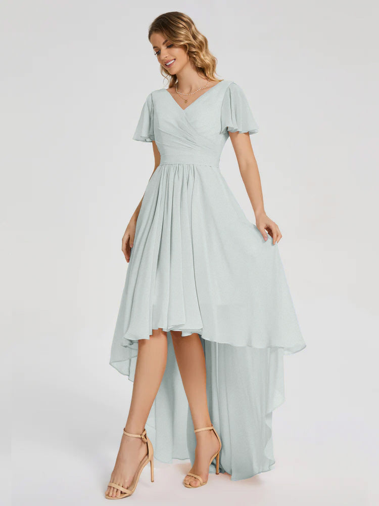 Evangeline High Low Short Sleeves Chiffon Bridesmaid Dress