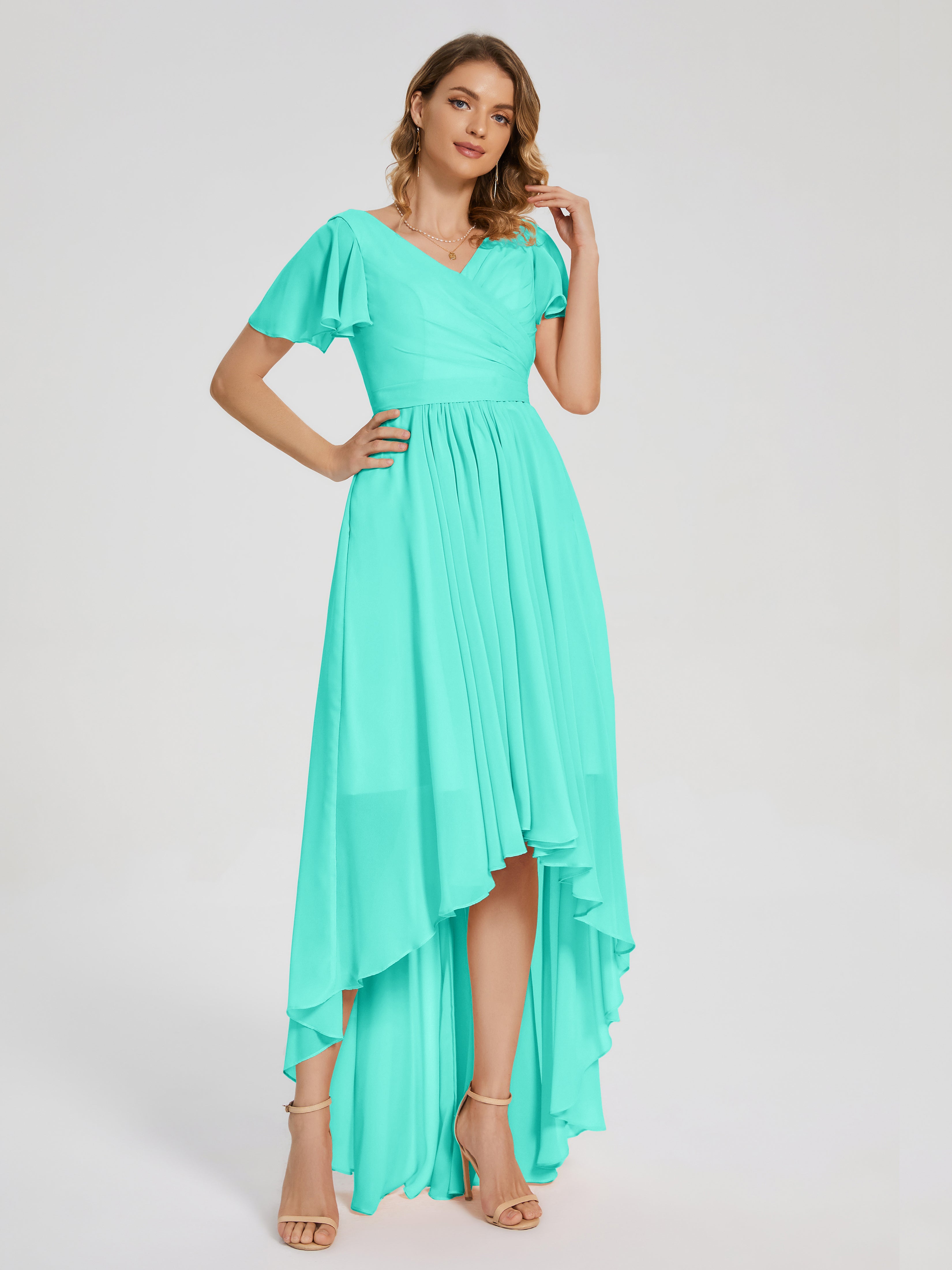 Evangeline High Low Short Sleeves Chiffon Bridesmaid Dress