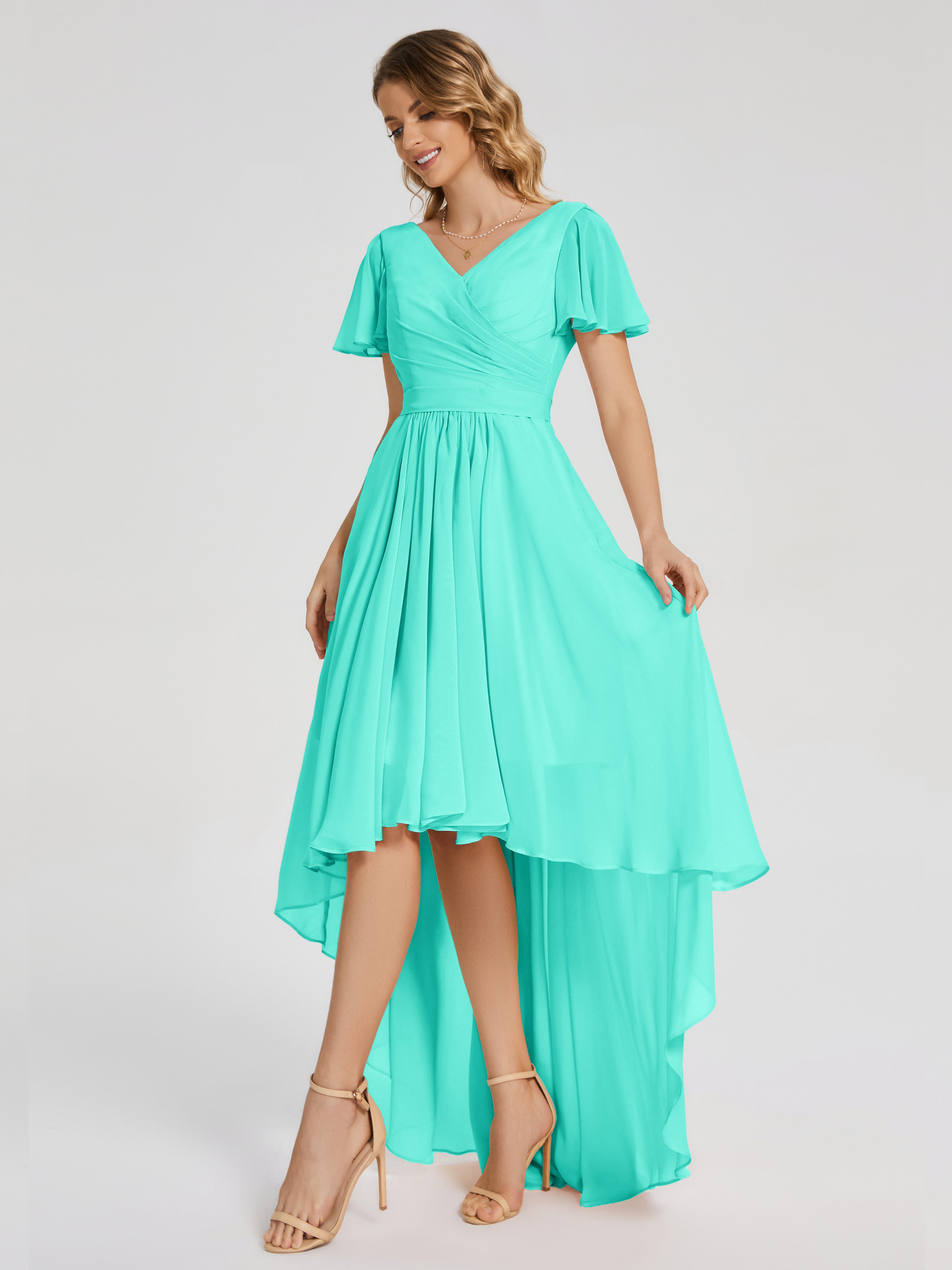 Evangeline High Low Short Sleeves Chiffon Bridesmaid Dress
