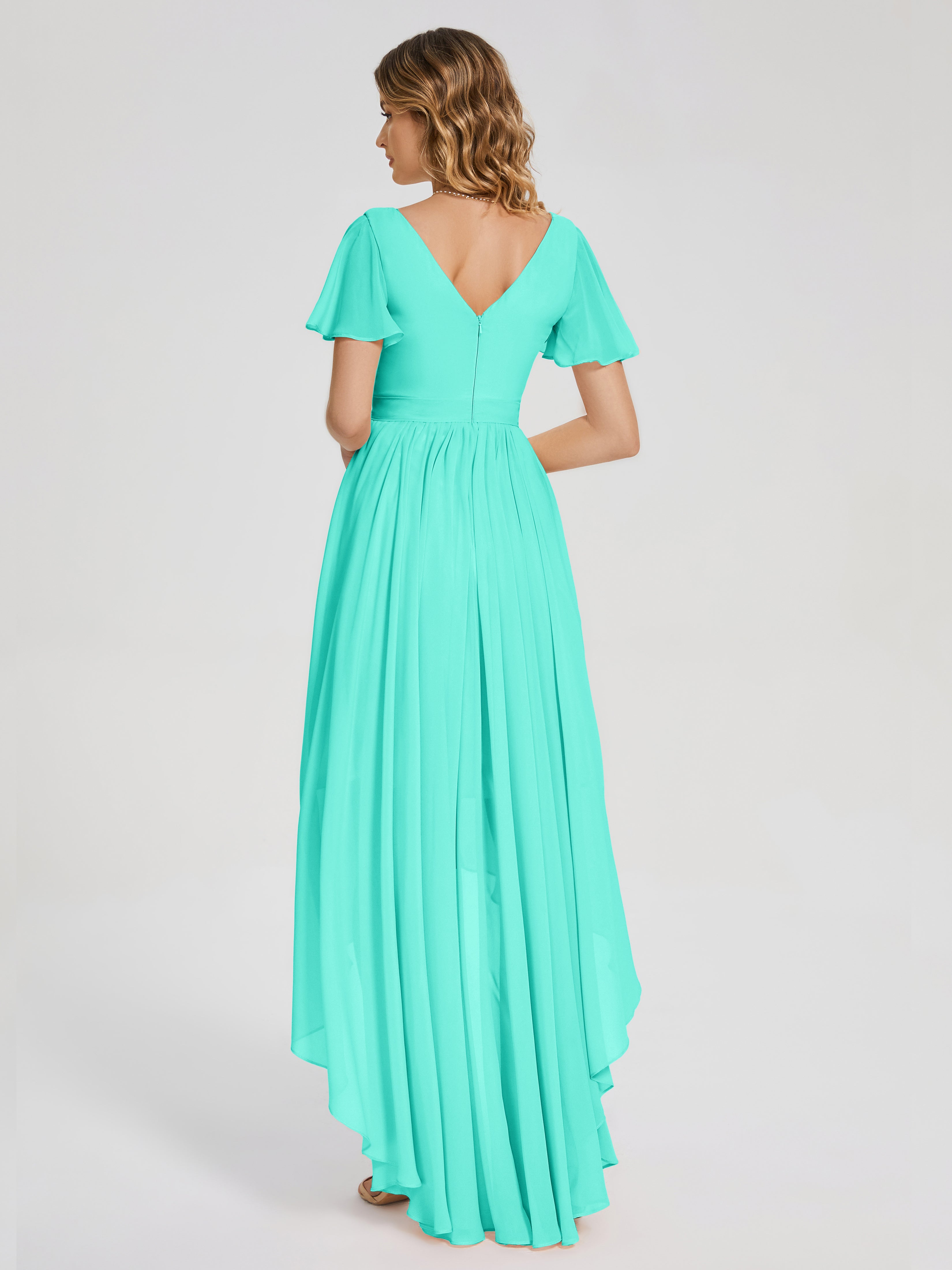 Evangeline High Low Short Sleeves Chiffon Bridesmaid Dress