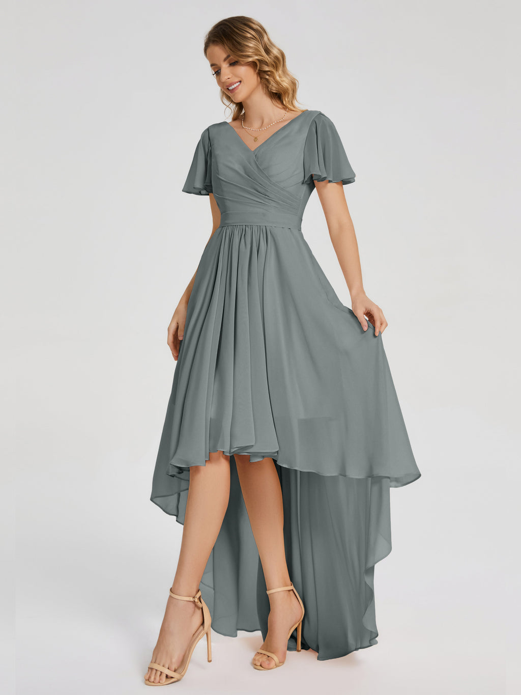 Evangeline High Low Short Sleeves Chiffon Bridesmaid Dress