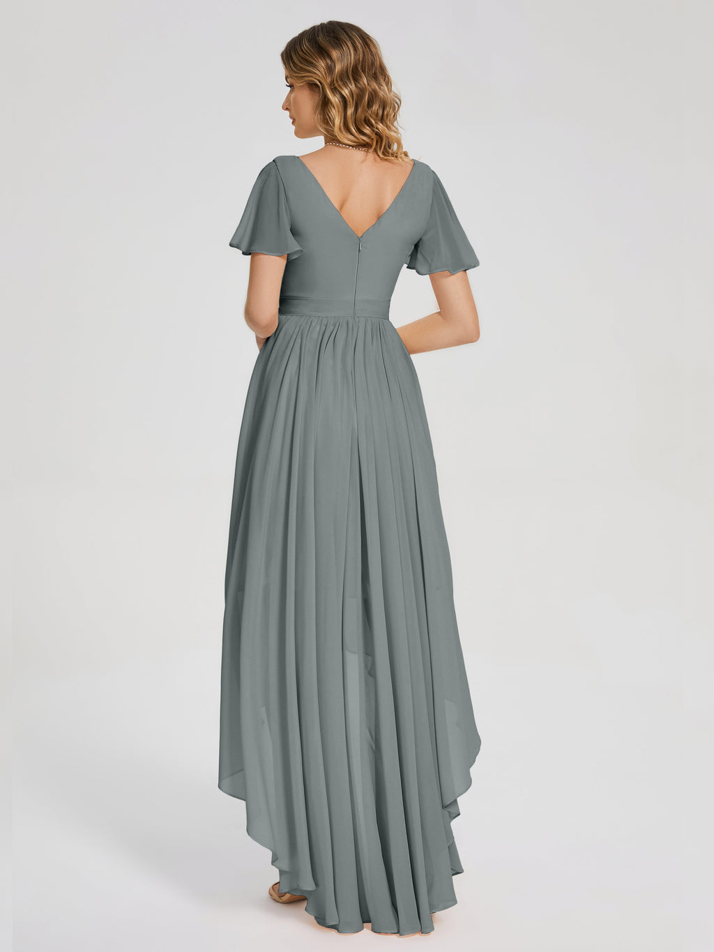 Evangeline High Low Short Sleeves Chiffon Bridesmaid Dress