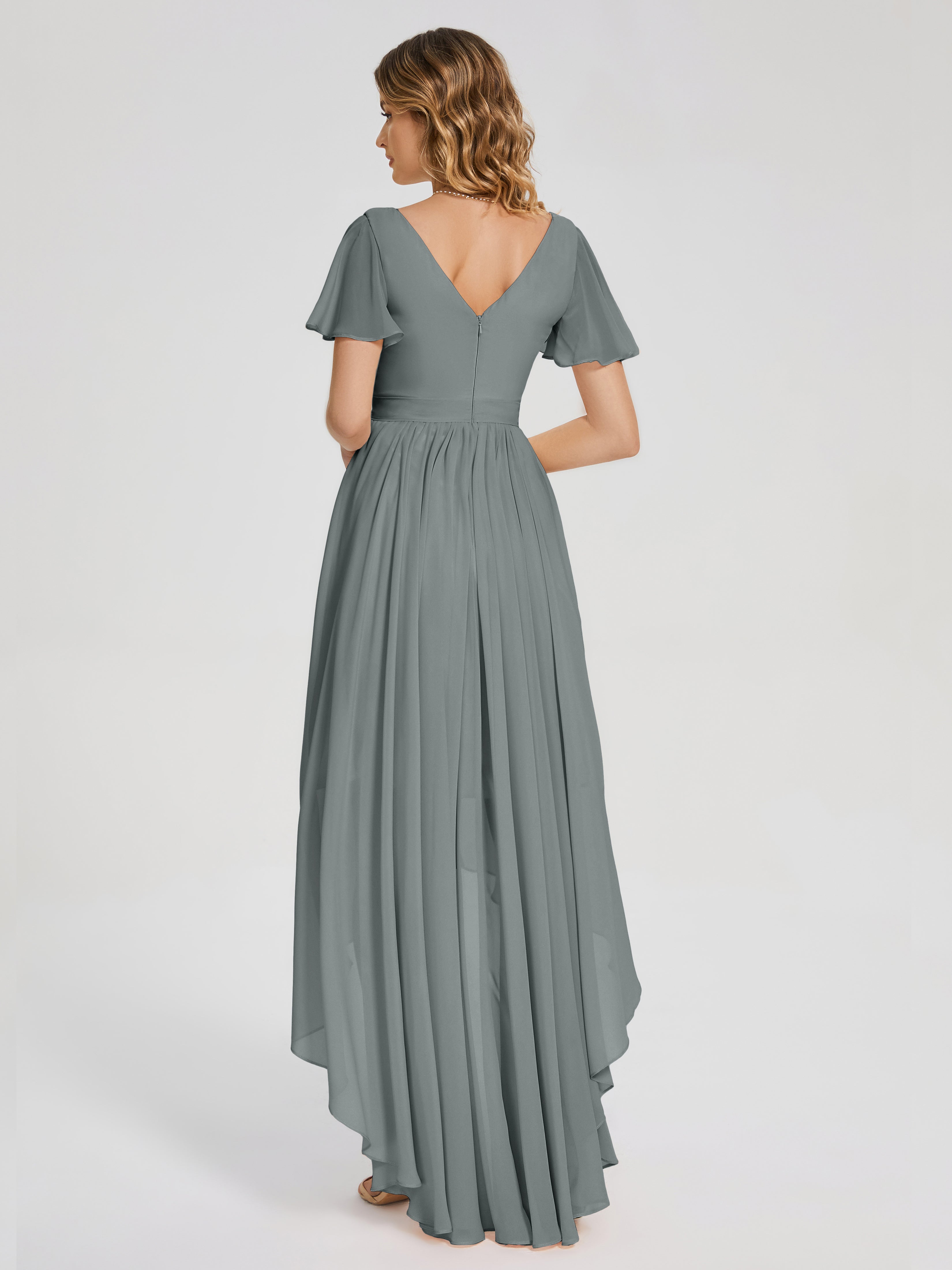 Evangeline High Low Short Sleeves Chiffon Bridesmaid Dress