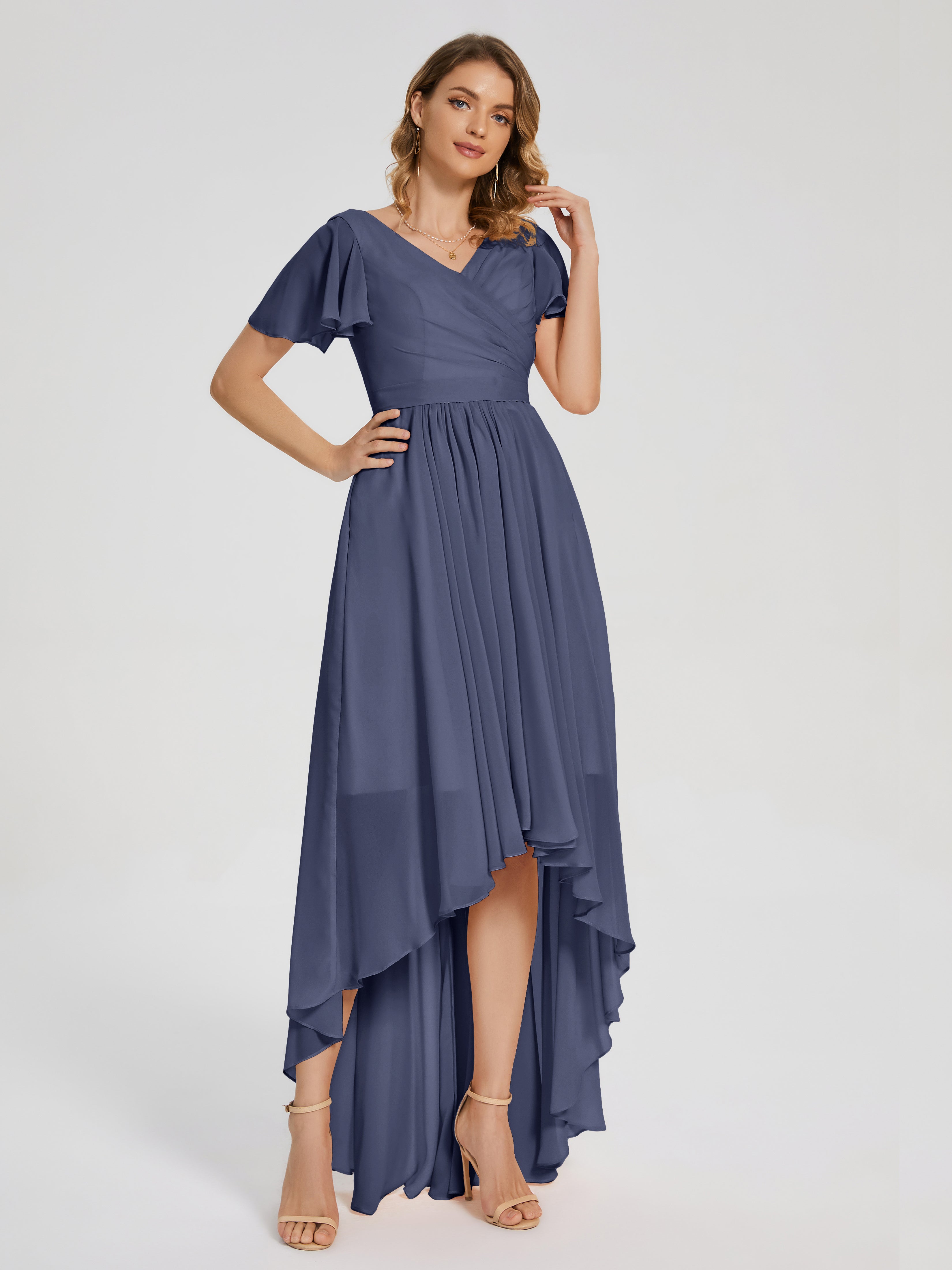 Evangeline High Low Short Sleeves Chiffon Bridesmaid Dress