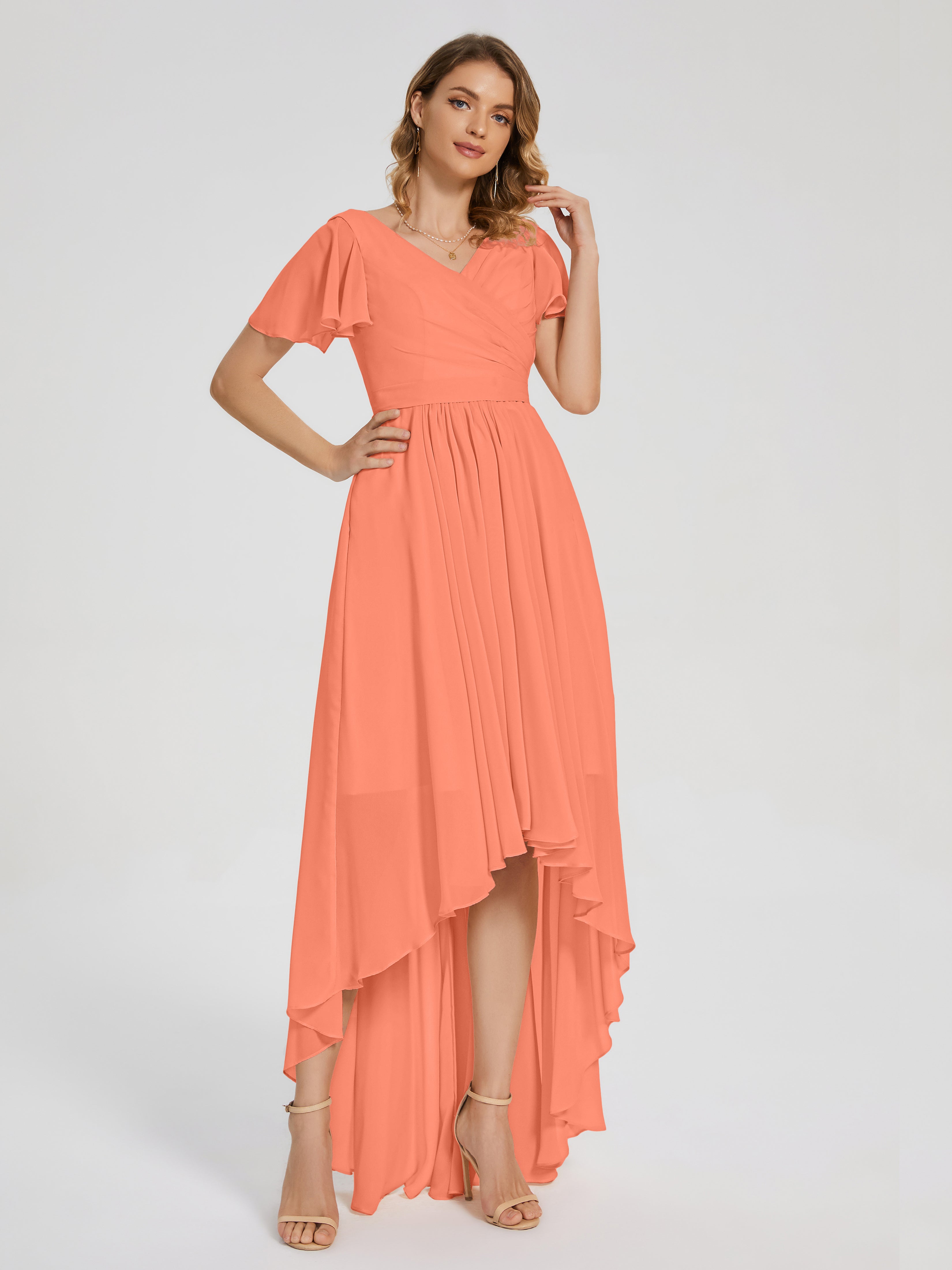 Evangeline High Low Short Sleeves Chiffon Bridesmaid Dress