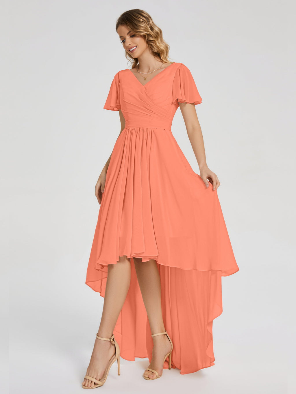 Evangeline High Low Short Sleeves Chiffon Bridesmaid Dress