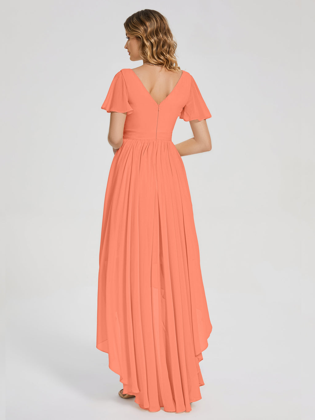 Evangeline High Low Short Sleeves Chiffon Bridesmaid Dress