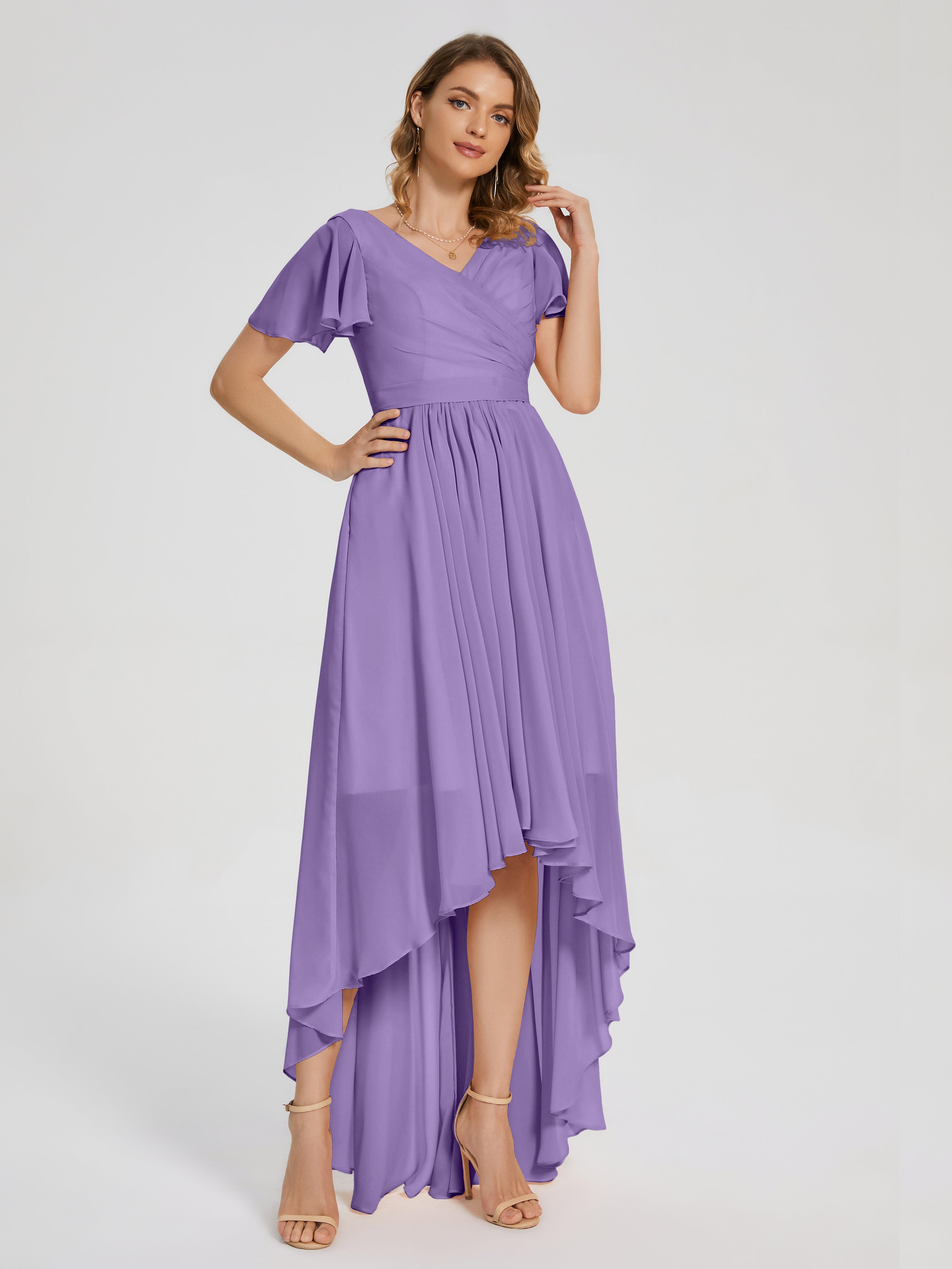 Evangeline High Low Short Sleeves Chiffon Bridesmaid Dress