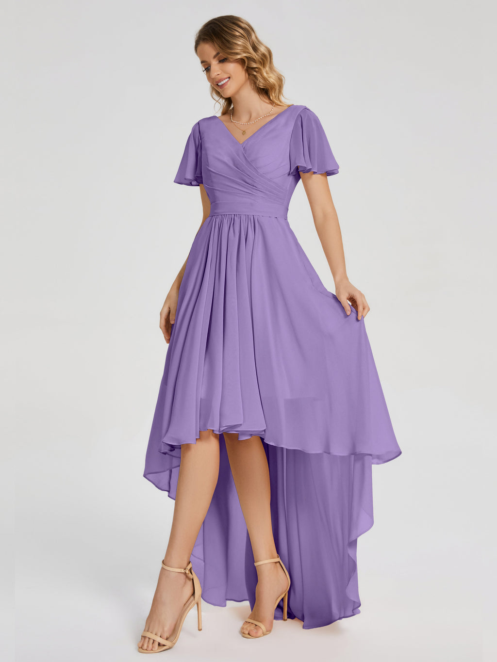 Evangeline High Low Short Sleeves Chiffon Bridesmaid Dress