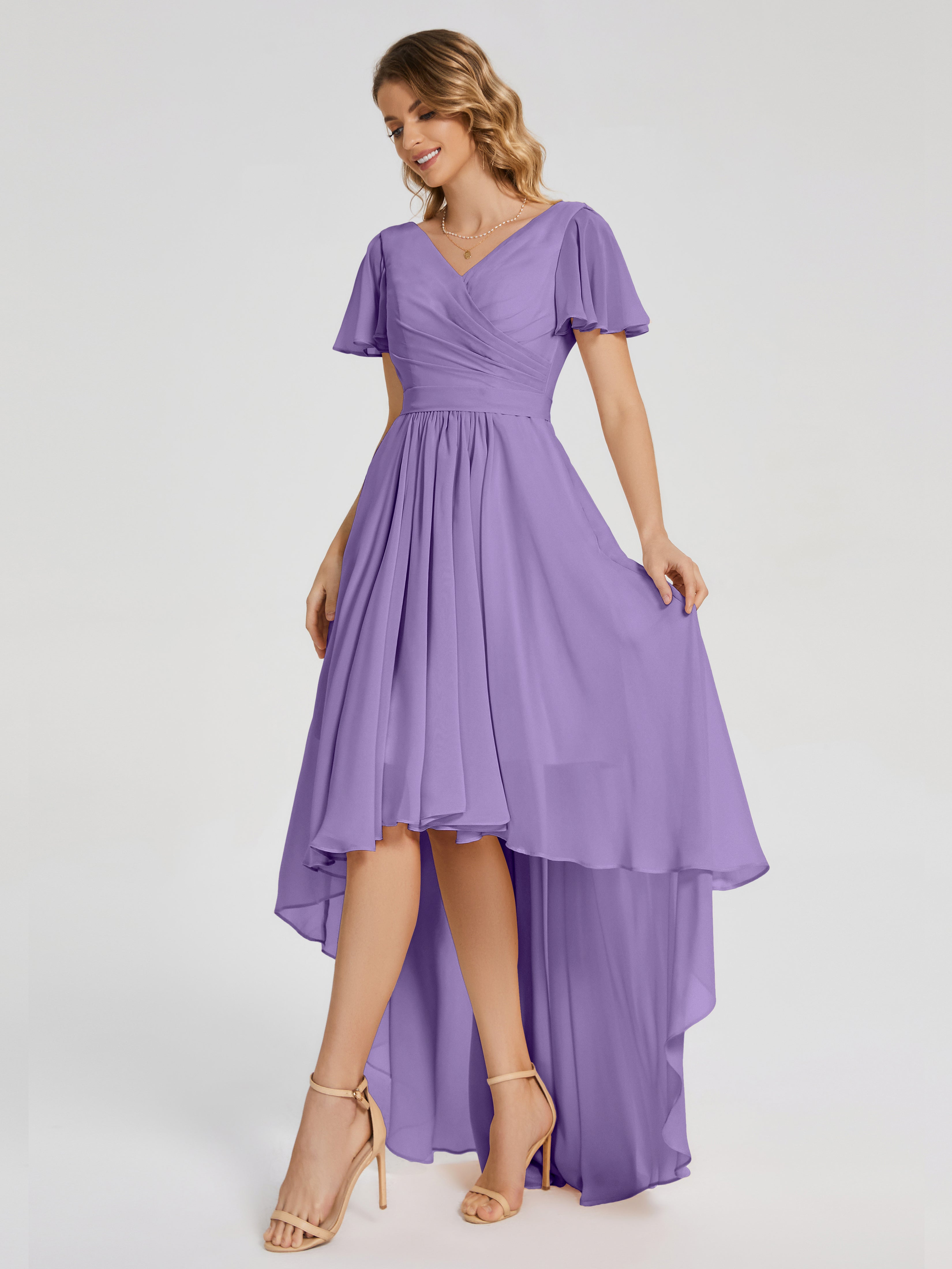 Evangeline High Low Short Sleeves Chiffon Bridesmaid Dress
